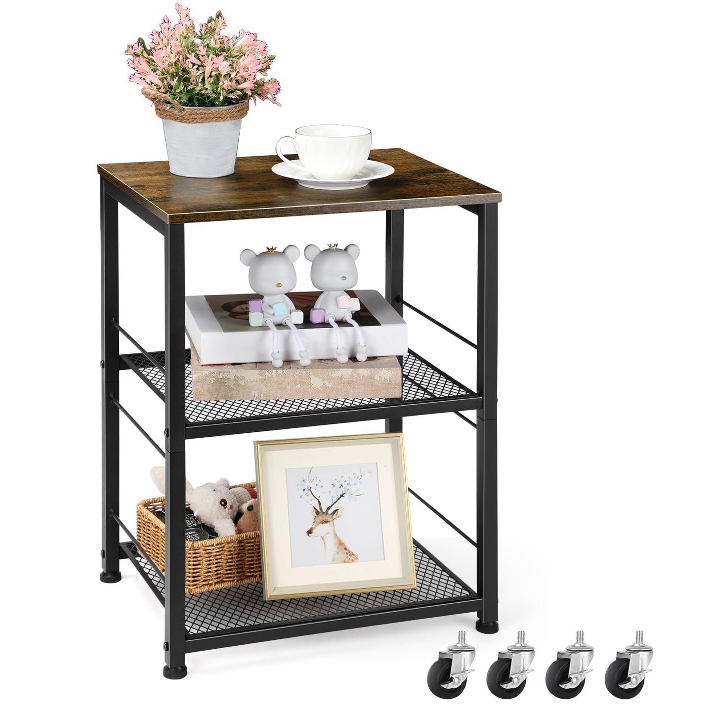 ETELI Side Table Small with Wheels Industrial Night Stand Storage Shelf 3 Tier Wood End Table with Metal Frame for Small Space Living Room Bedroom Kitchen Office