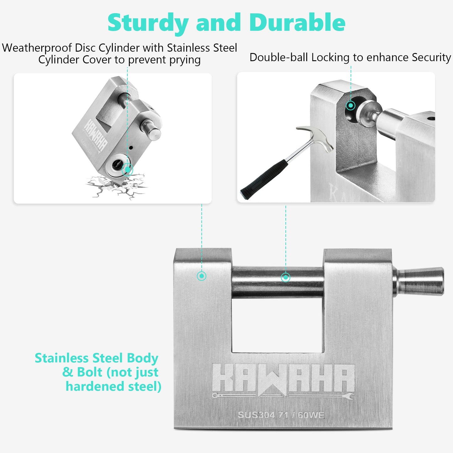 KAWAHA 71/60KD-3SK Stainless Steel D-Shaped Heavy Duty Padlock with Key for Garage Door, Containers, Shed and Warehouse (2-3/4 inch, Keyed Different - 3 Stainless Steel Keys)