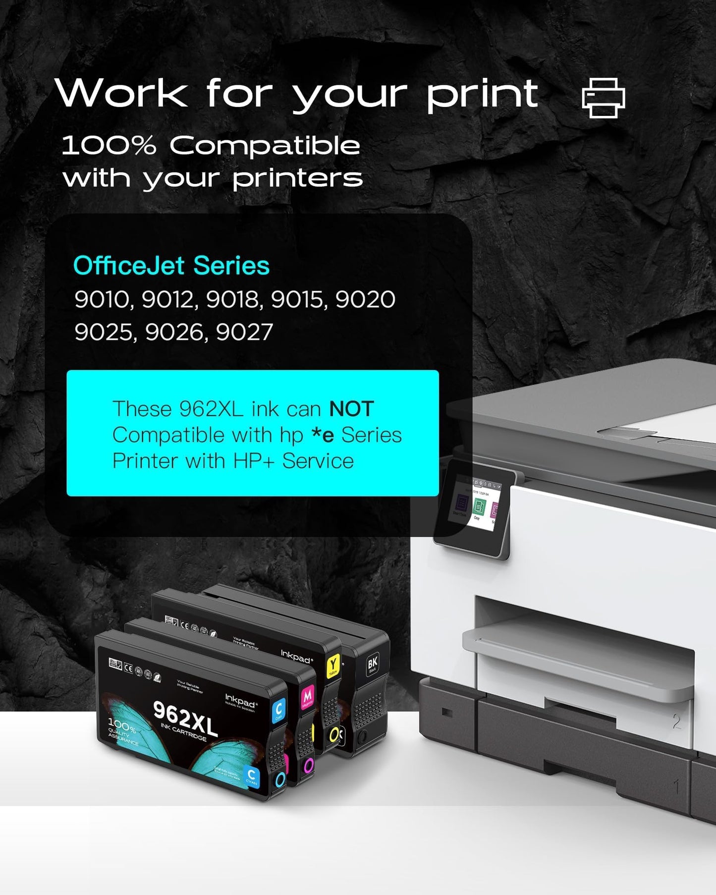 962xl 962 Ink Cartridges for HP OfficeJet Pro 9015 9018 9010 9020 Series Printer, 962 XL High Yield Ink Cartridge Combo Pack 4 Pack, No e Series Printer (Black, Cyan, Magenta, Yellow)