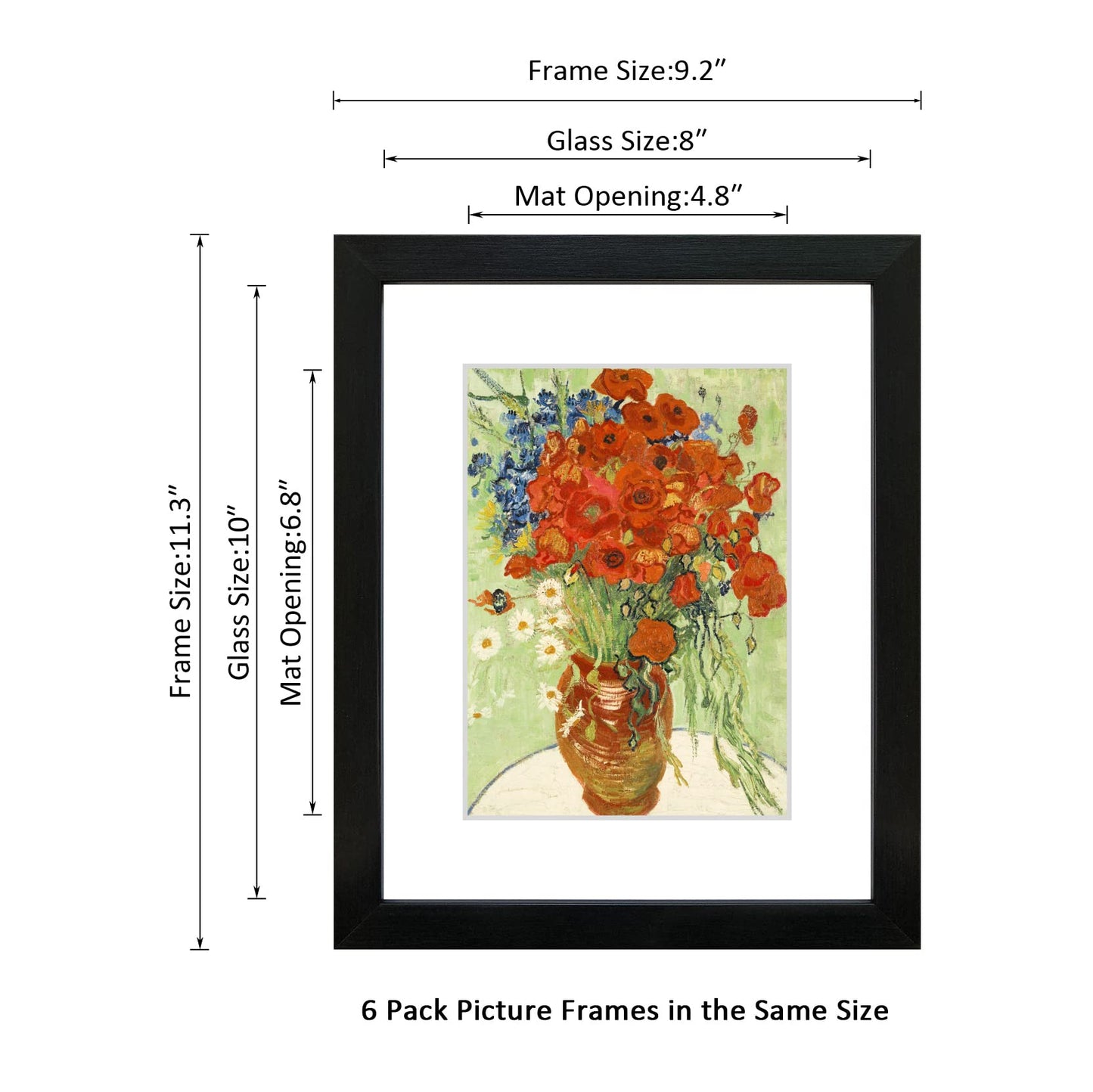 DEKWINN 8x10 Picture Frame Set of 6 with Real Glass for Pictures 5x7 with Mat or 8x10 Without Mat, Wall Gallery or Tabletop display Photo Frames in Black