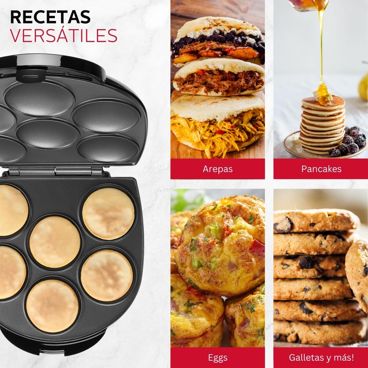 Holstein Housewares Arepa Maker - Non-Stick 6-Section Multi-Food Maker - Make Delicious Arepas, Pancakes, Corncakes, Tosti Arepa - Easy-to-Use - 6-PC - Black