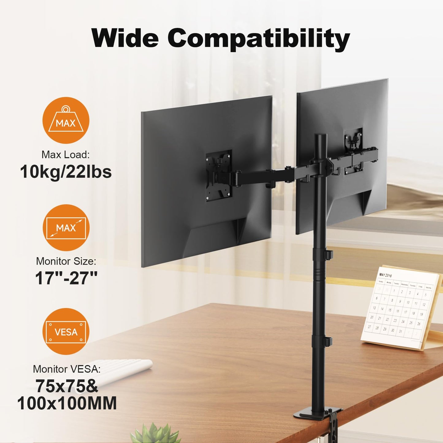 Suptek Dual LED LCD Monitor Stand up Desk Mount Extra Tall 31.5" Pole Heavy Duty Fully Adjustable Stand for 2 / Two Screens up to 27 inch (MD6842)