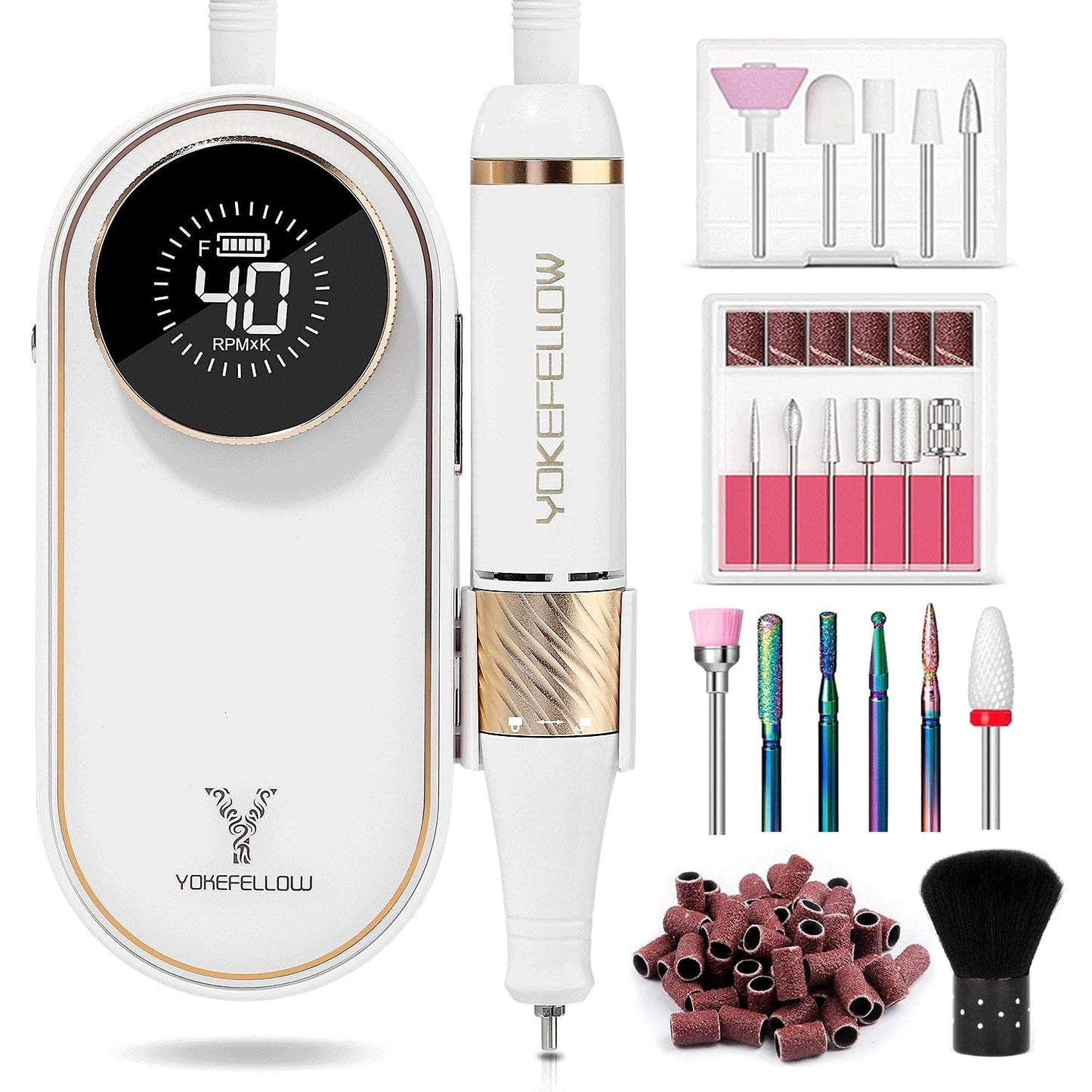YOKE FELLOW Electric Nail File - 40000 RPM Rechargeable Nail Drill Machine Nail File with 12 Nail Drill Bits for Manicure Pedicure Acrylic Polishing Tools Kit for Salon Home Use