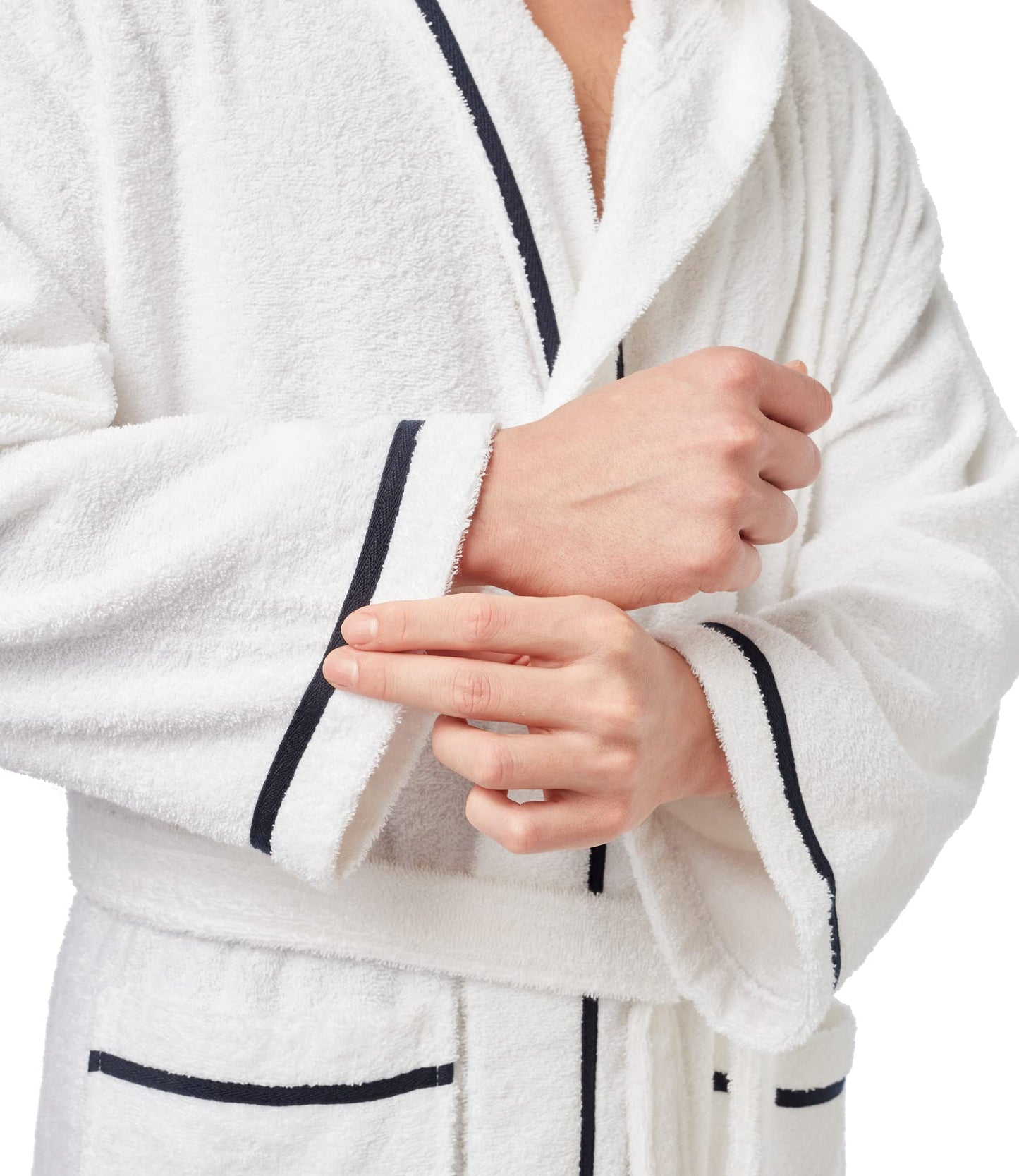 Arus Men's Hooded Classic Bathrobe Turkish Cotton Robe with Full Length Options, White With Navy Blue Border, Large-X-Large Extra Tall