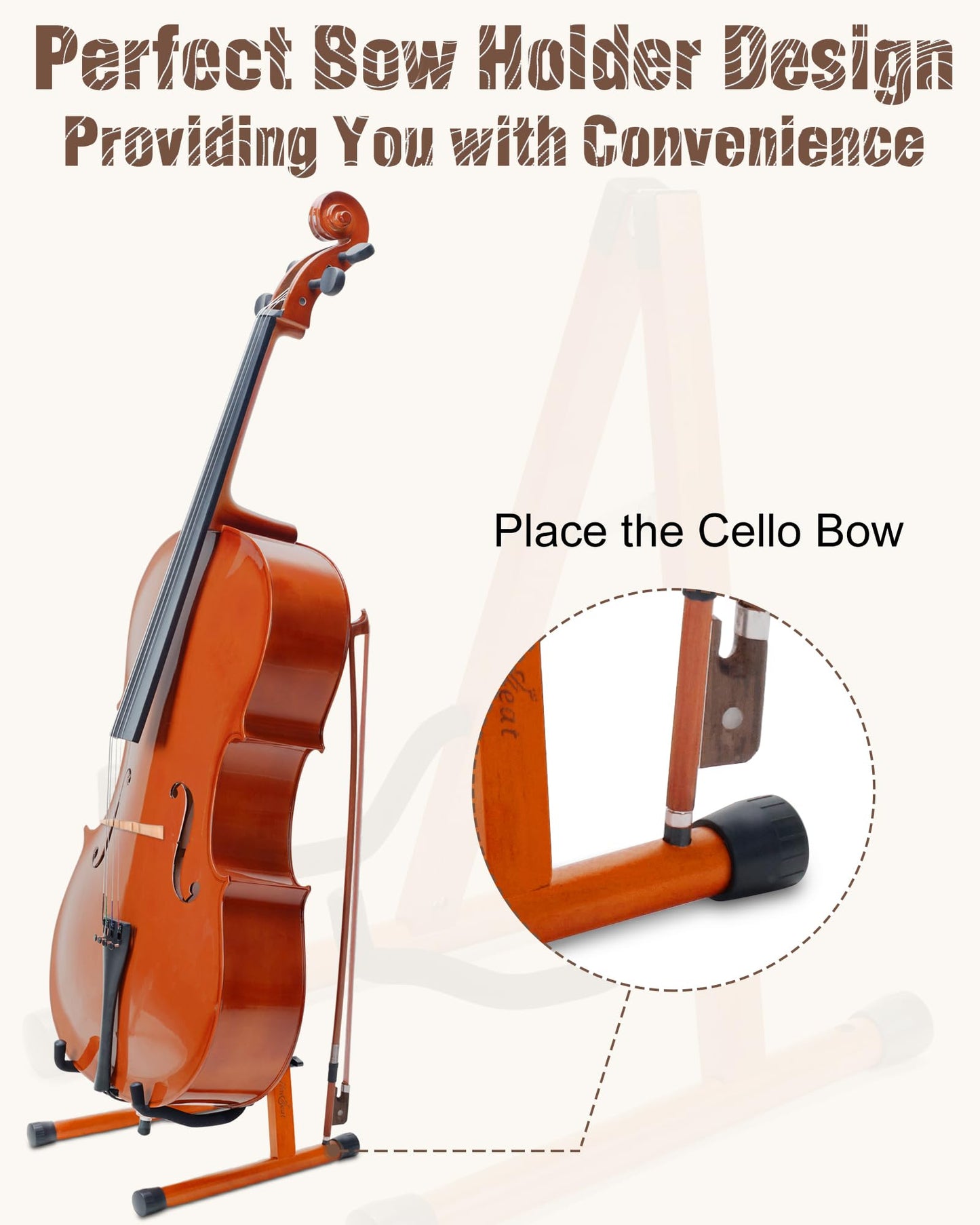 Musbeat Cello Stand with Bow Holder, Mahogany Wooden A-Shape Floor Stand with Padded Foam, Handcrafted Cello Rack Fits 1/2, 3/4, 7/8, 4/4 Full-Size and Guitar, Instrument Holder for Home and Studio