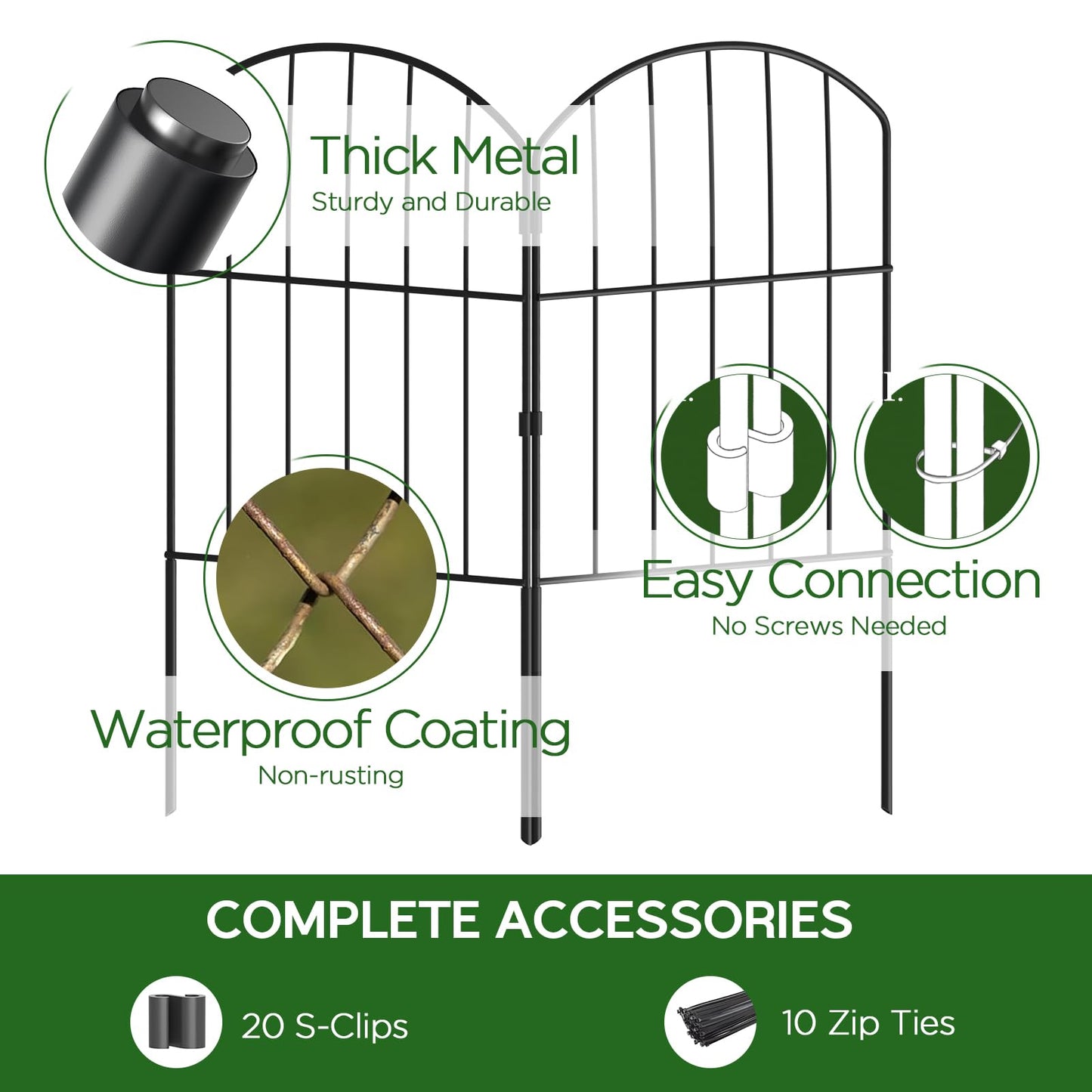Goovilla Garden Fence Panels, 10 Pcs 12in W x 24in H Metal Rustproof Animal Barrier, Black Decorative Garden Fences and Borders for Dogs, Flower Bed, Patio