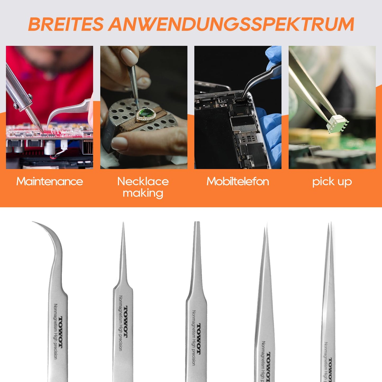 Precision Tweezers, 5 PCS Stainless Steel Pointed Tweezers for Craft, Electronics, Soldering, Jewelry-Making, Non-Magnetic Industrial Tweezers. Only TOWOT CA Sells Genuine Products