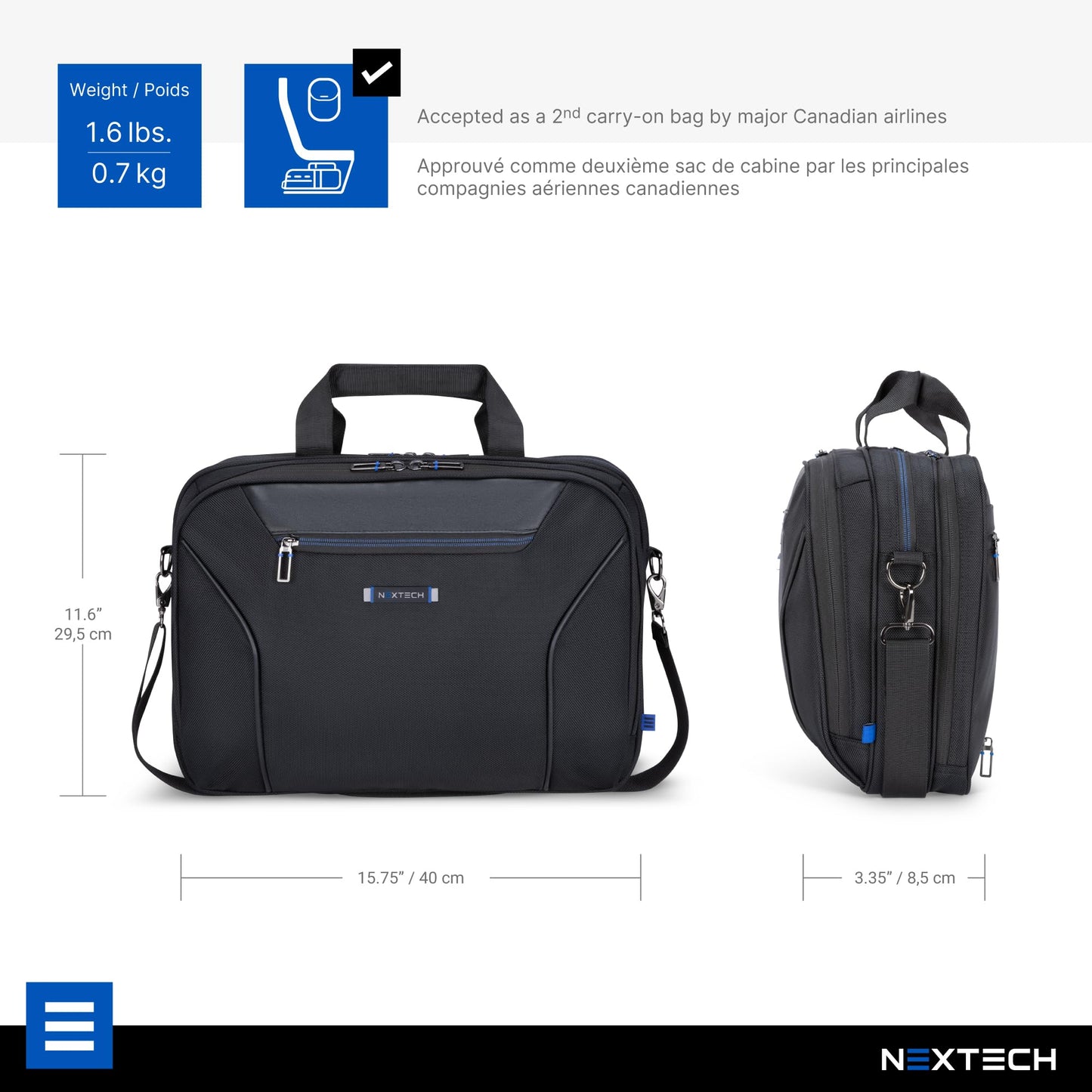 NEXTECH NXT003 Briefcase — 15.6" Laptop Bag With Computer or Tablet Compartment, Adjustable Shoulder Strap, Pass-Through Strap Luggage Sleeve And Many Zippered Pockets – Black