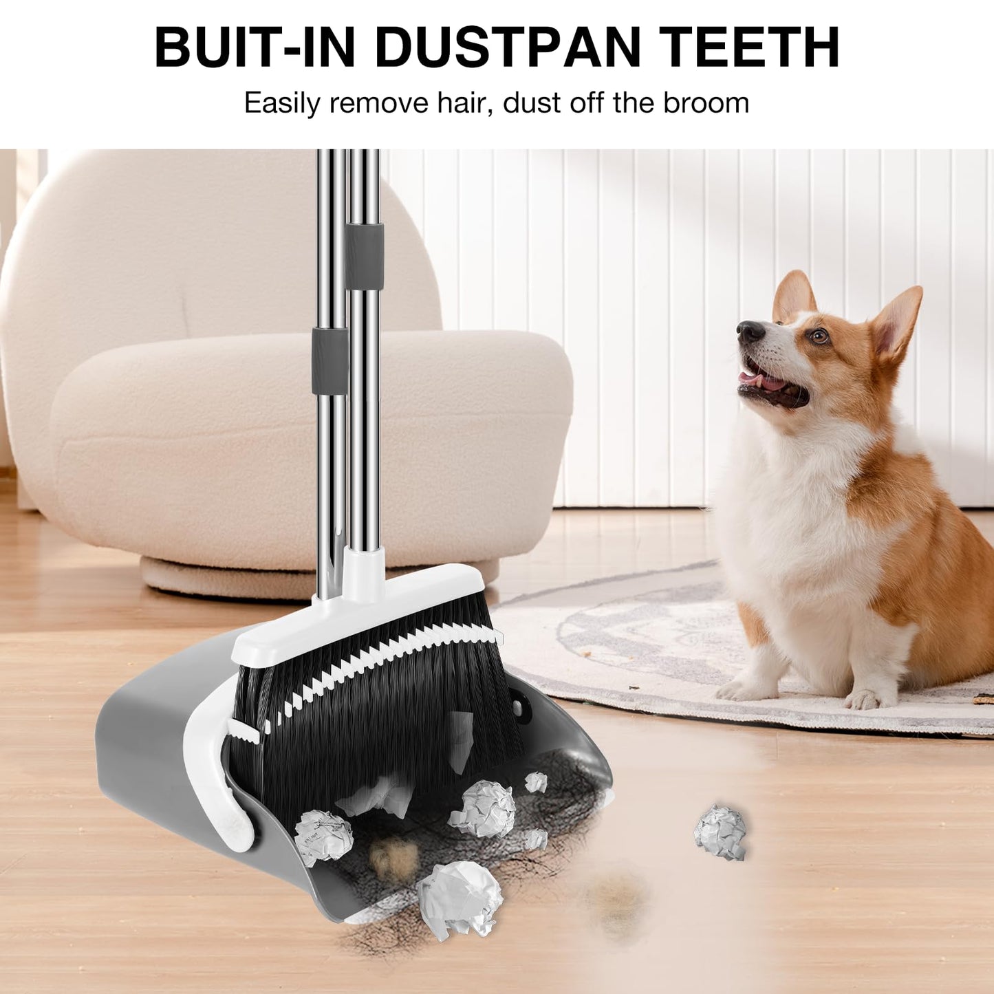 NACENA Broom and Dustpan Set, 52-in Long Adjustable Handle Broom Dustpan Combo with Dustpan Teeth to Automatically Clean Hair Suitable for Home Kitchen Office Hall Floor(Grey&White)