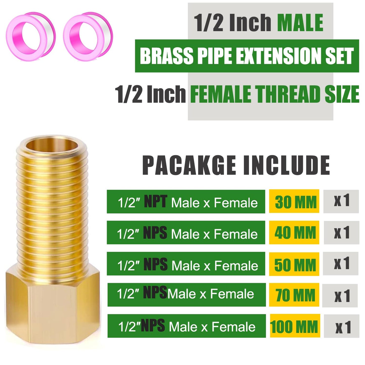 1/2" Brass Pipe Extension Fitting, 1/2" Female to 1/2" Male Pipe Connector Fitting, Brass Hex Bushing Adapter Reducer Adapter for Tub Spout/Shower with Teflon Tape, Length 30/40/50/70/100MM (5PCS)