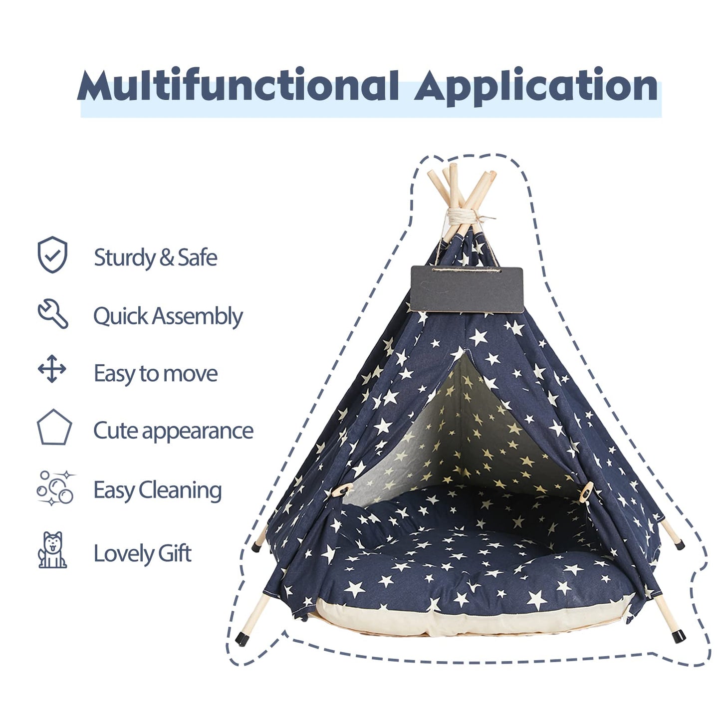 Pet Teepee Dog & Cat Bed with Cushion &Blackboard Dog Tents Pet Houses (Blue)