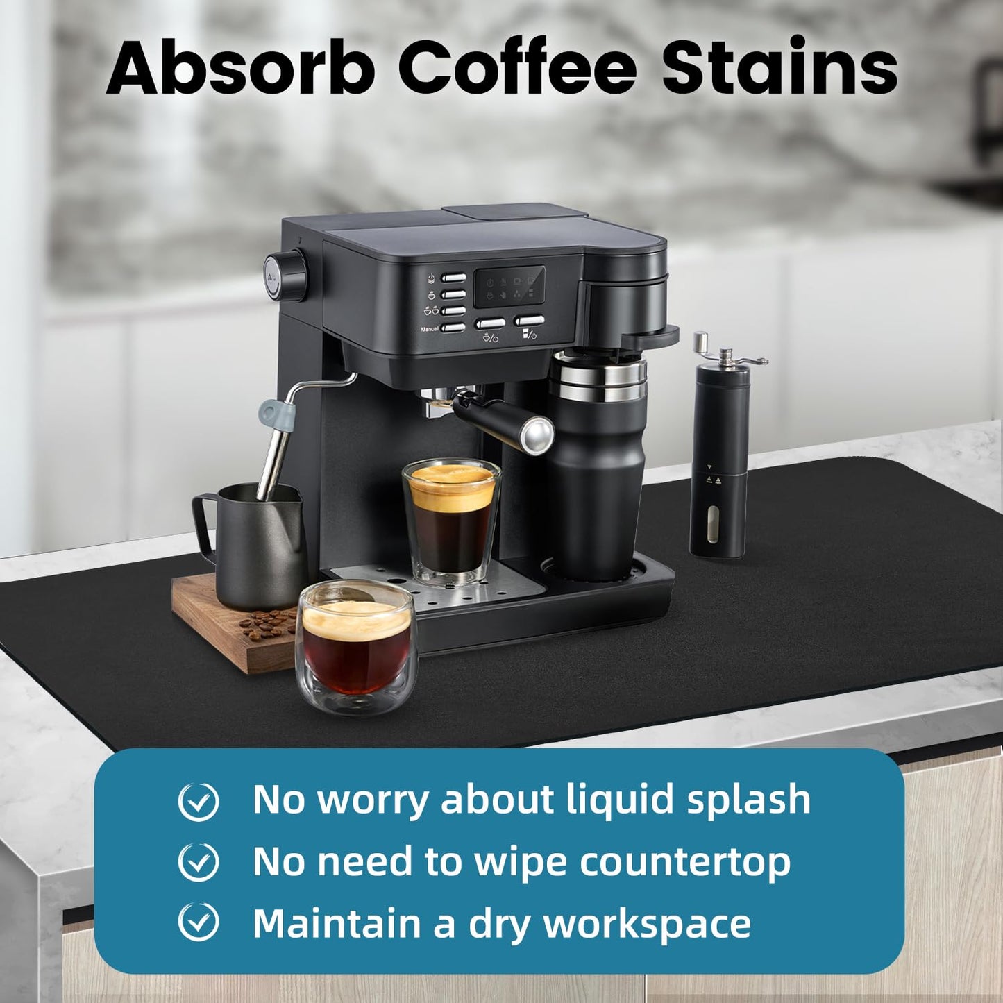 PoYang 31.5"x17" Coffee Mat X-Large, Coffee Bar Accessories for Countertop, Absorbent Dish Drying Mat, Anti-Slip and Hide Stain Pad for Espresso Machine, Espresso Maker and Kitchen Counter, Black