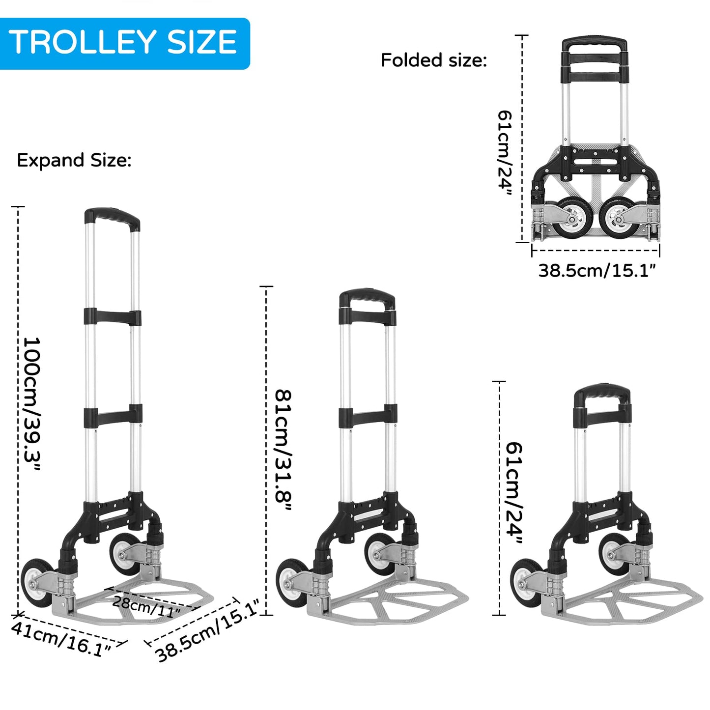 AKOZLIN Hand Truck Folding Portable 180lbs Capacity Aluminum Alloy Plate Luggage Cart Foldable Height Adjustable Hand Cart with 2 Wheels/Fixed Rope for Home, Auto, Office,Travel Use