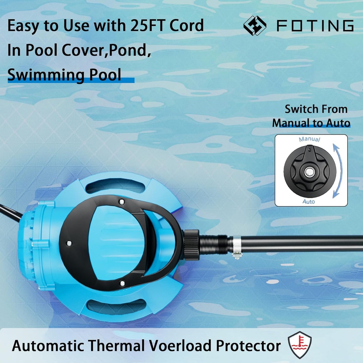 2025Upgraded 1/3 HP Automatic Swimming Pool Cover Pump 2250 GPH Submersible Water Pump, Water Removal with 3/4” Check Valve Adapter & 25ft Power Cord, Drainage for Ponds, Rooftops, Water Beds