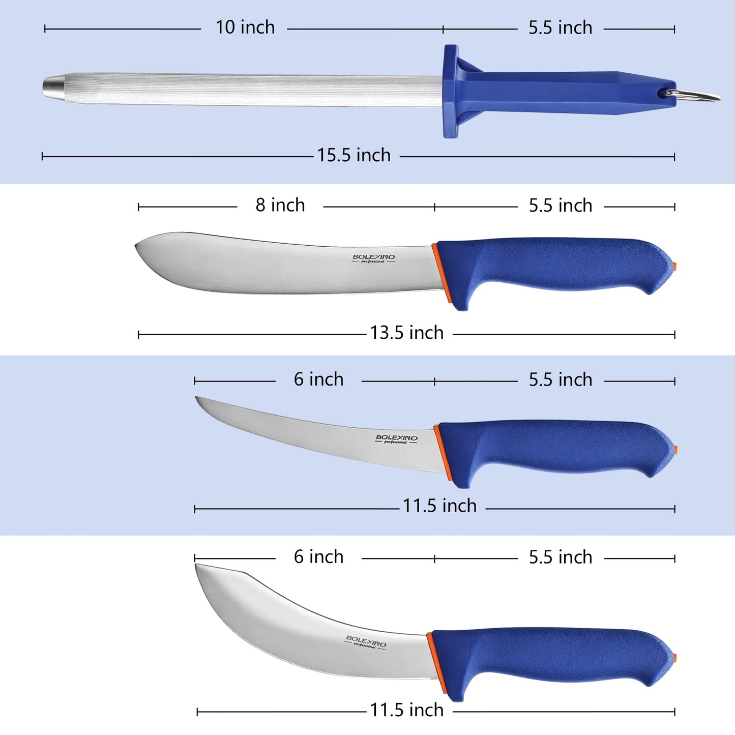 BOLEXINO 5 PCS Butcher Knife Set with Non-Slip Softgrip, Commerical Grade for Meat Cutting Skinning Boning Slicing, Incl. 10" Sharpener Rod & Portable Knife Roll Bag, X50CrMoV15 German Steel