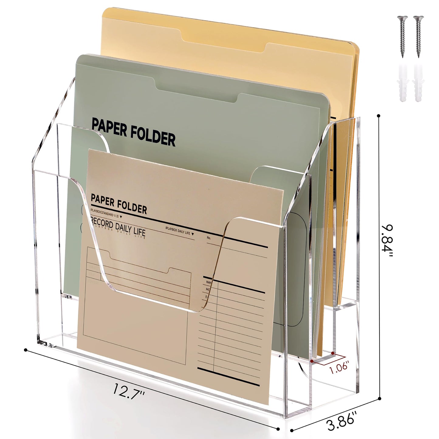 SANRUI Clear Acrylic Desk File Mail Organizer Wall Mounted, 3-Tier Hanging File Folder Holder, Office Magazine Document Rack