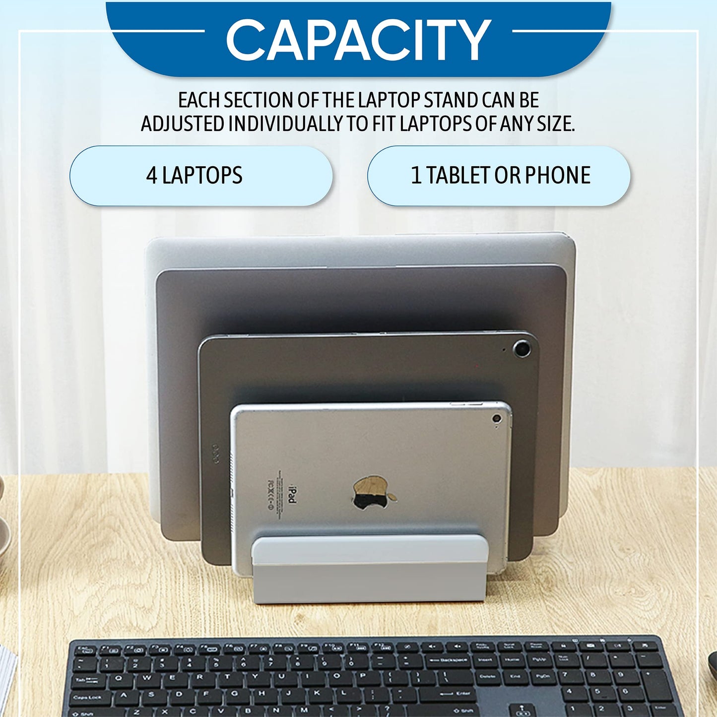 Elestoria Vertical Laptop Stand - Fits 5 Devices, Modern Design, Tool Free Adjustment, Protective & Stable (Grey)