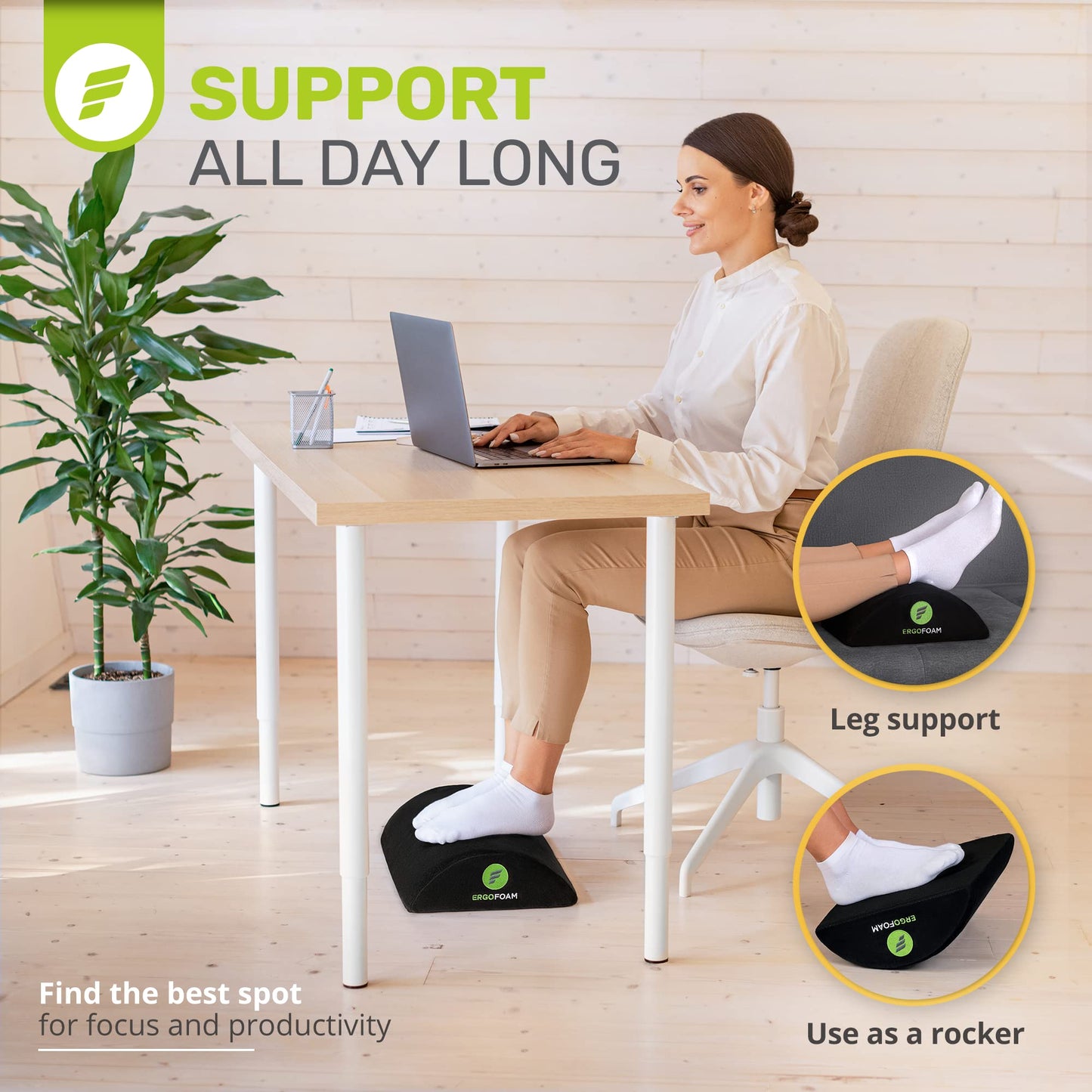 ErgoFoam Ergonomic Foot Rest Under Desk | Premium Velvet Soft Foam Footrest for Desk | Most Comfortable Desk Foot Rest in The World for Lumbar, Back, Knee Pain | Foot Stool Rocker (Black)
