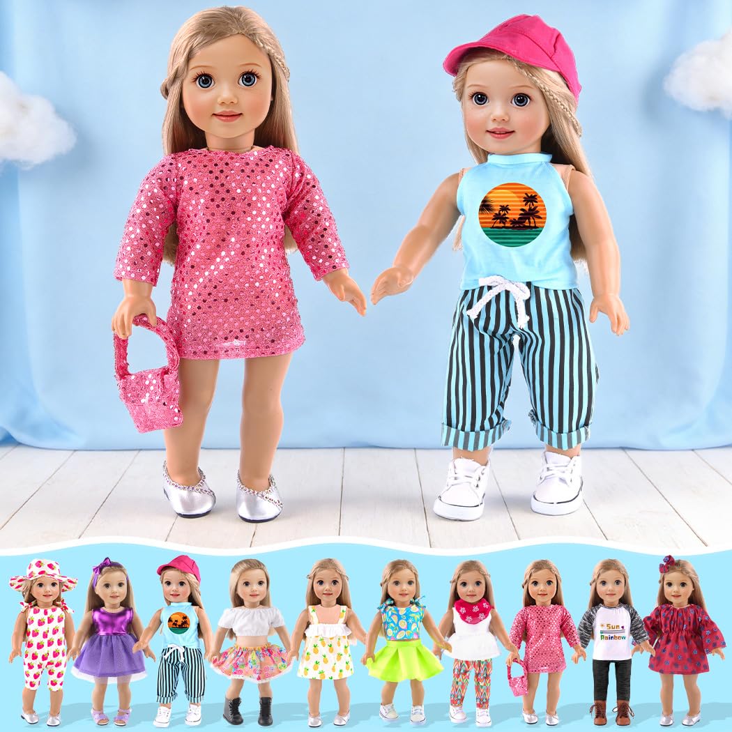 10-Sets Doll Clothes and Accessories for 18 inch Doll Include Dress Handbag Headband Hat and Rompers