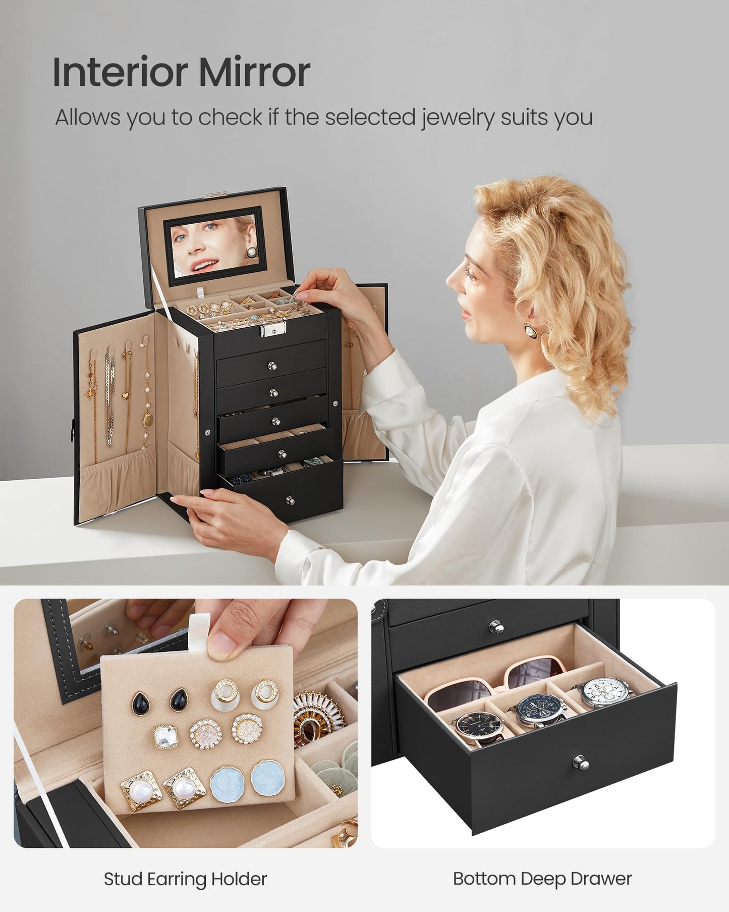 SONGMICS 6-Tier Jewelry Box Organizer with 5 Drawers, Lockable Jewelry Storage Case with Mirror, Necklace Hooks, Watch Storage, Large Capacity, Gift for Loved Ones, Black UJBC152B01