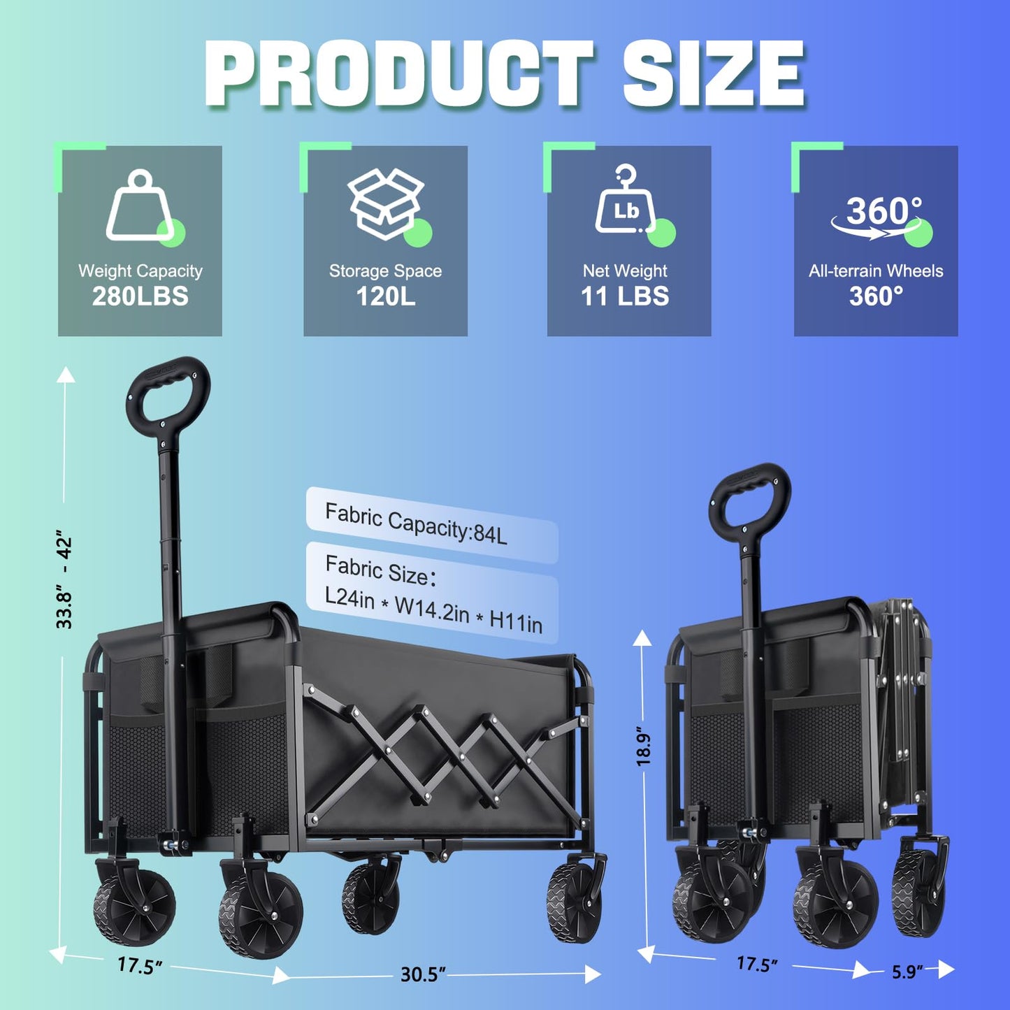 280LBS Collapsible Wagon Cart with Wheels - Heavy Duty Folding Wagon Carts for Grocery, Lightweight Utility Wagon with All-Terrain Wheels & 2 Cup Holders, Portable Beach Wagon for Shopping Garden