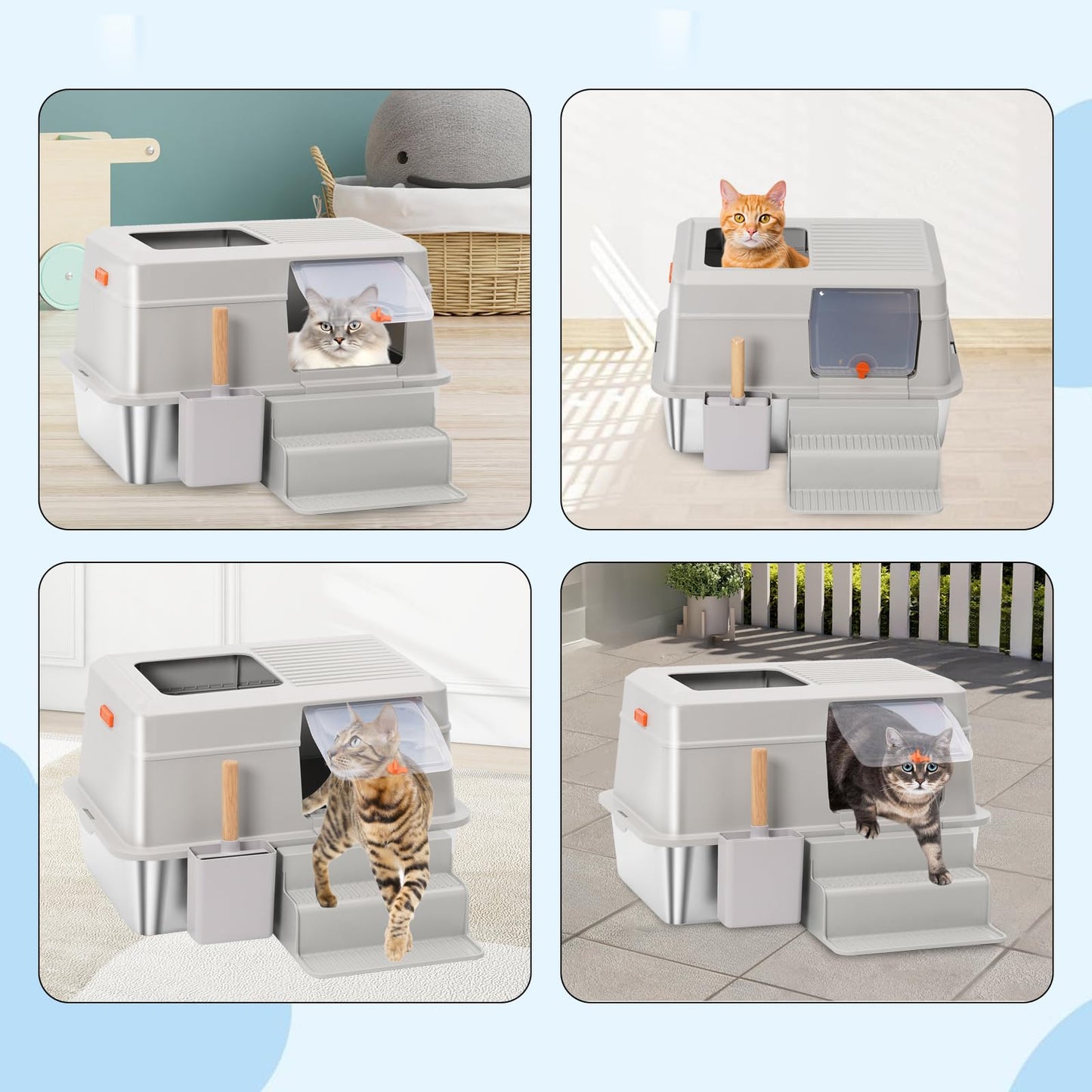 Large Top Entry Stainless Steel Litter Box with Lid,for Large Cats, with Removable Lid, Pedal and Scoop. Odor-Free, Easy to Clean, Anti-Urine Leakage, for Big/Multiple Cats (Grey)