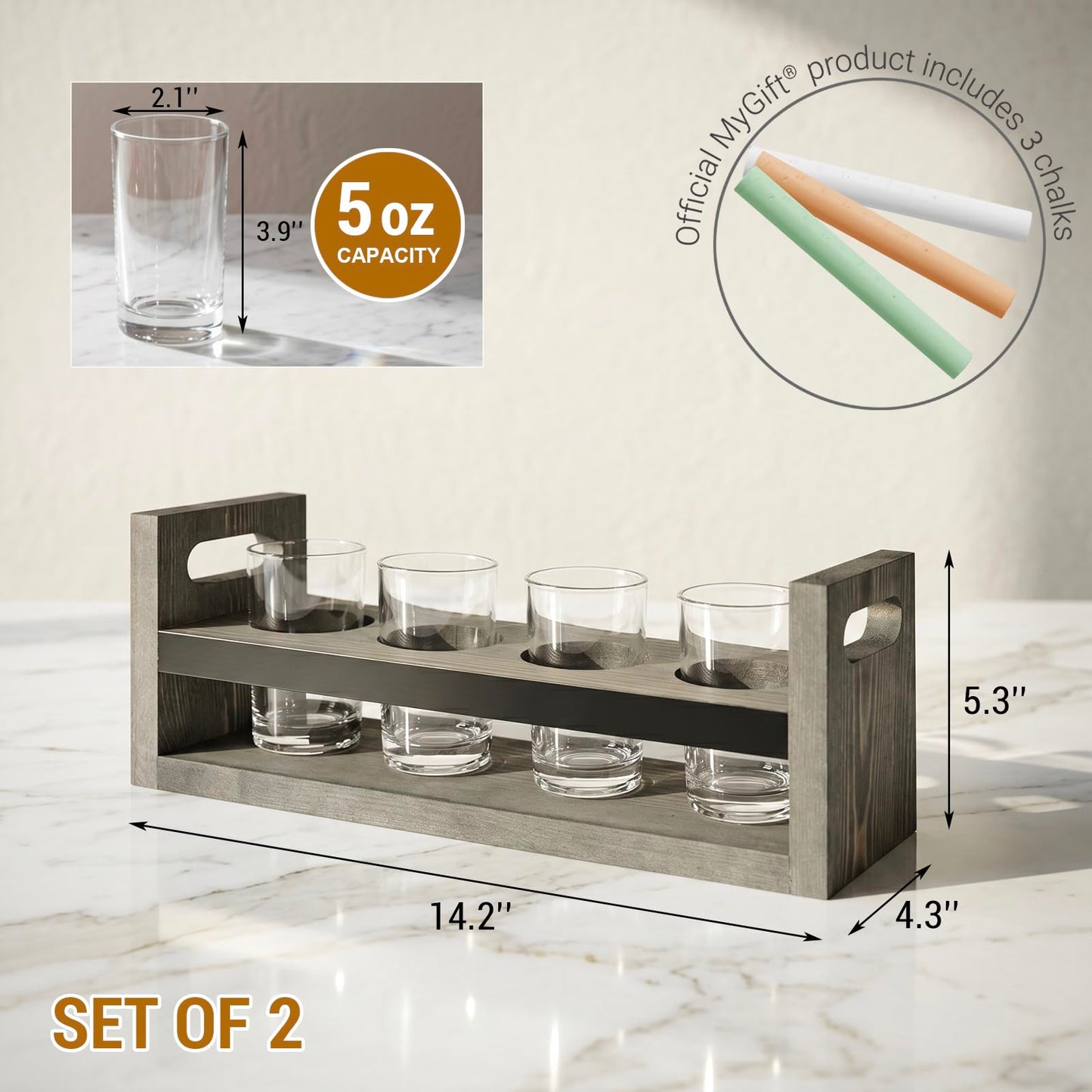 MyGift Vintage Gray Wood Beer Flight Sampler Serving Tray Caddies with Chalkboard Panels & 4 Tasting Glasses, Set of 2