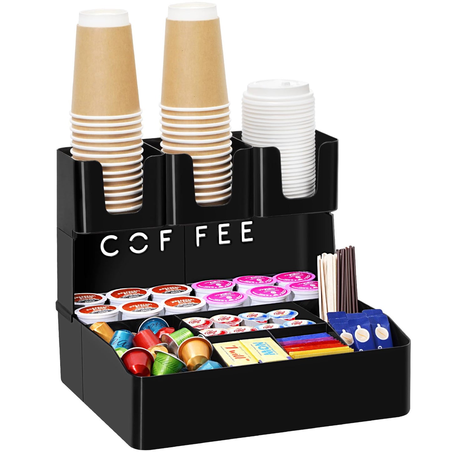 Lifewit Coffee Station Organizer for Countertop, 2 Tier Pod Holder for Coffee Bar Accessories, Tea Bag, Condiments, Upright Cup Storage for Office Breakroom, Home Kitchen, 10 Compartments, Black