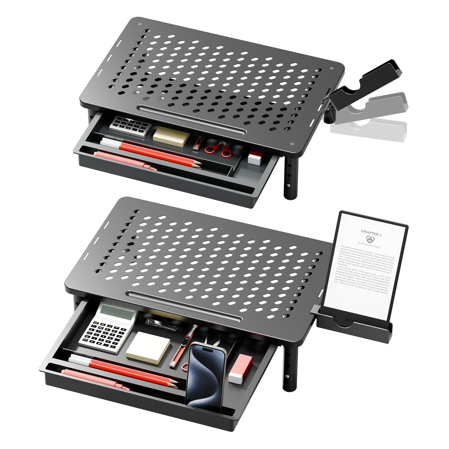 Canyora Computer Monitor Stand Riser with Storage, 3 Height Adjustable Laptop Desktop Monitor Stand with Drawer, Metal Short Printer Table, Stand Riser for Desk, Office Desk Organizers and Accessories, 2 Pack