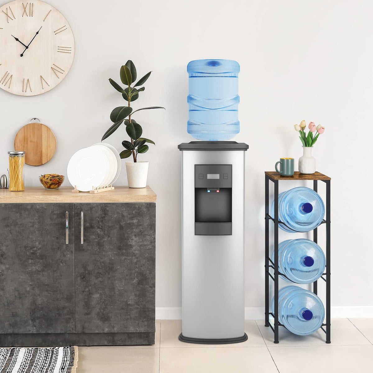 Water Jug Holder Rack 3-Tier Water Storage Organizer with Shelves for 5 Gallon Water Bottle Dispenser Stand for Office Kitchen Living Room Office, Rustic Brown