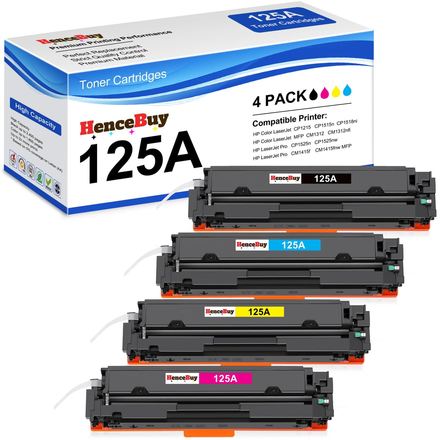HenceBuy 125A Toner Cartridge Replacement for HP 125A CB540A CB541A CB542A CB543A Toner for HP 125A Color LaserJet CM1312 MFP CM1312nfi CP1515n CP1518ni CP1215 CP1515n Printer (4 Pack)