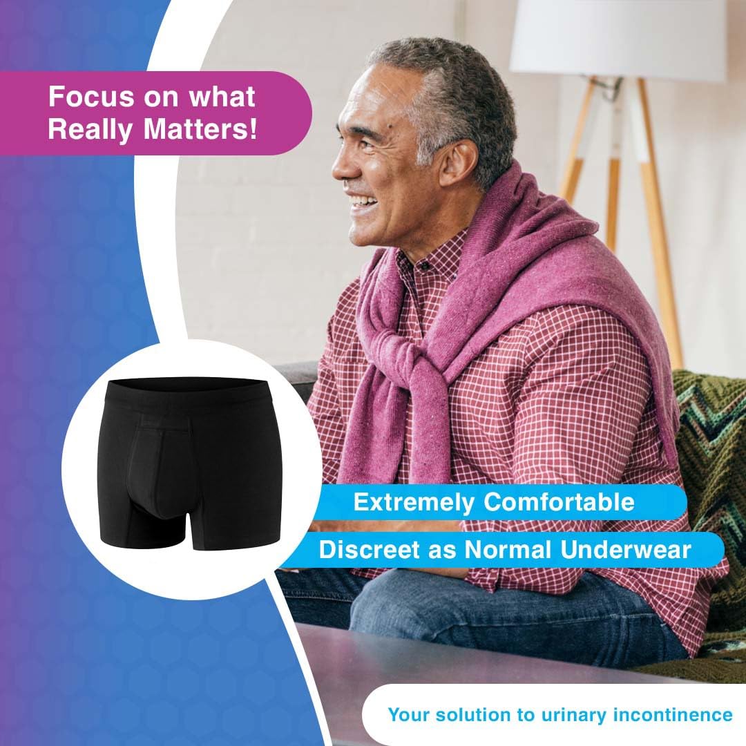 PROTECHDRY Washable & Reusable Cotton Underwear Boxer Brief with Front Absorbent Area for Urinary Incontinence, Black Large