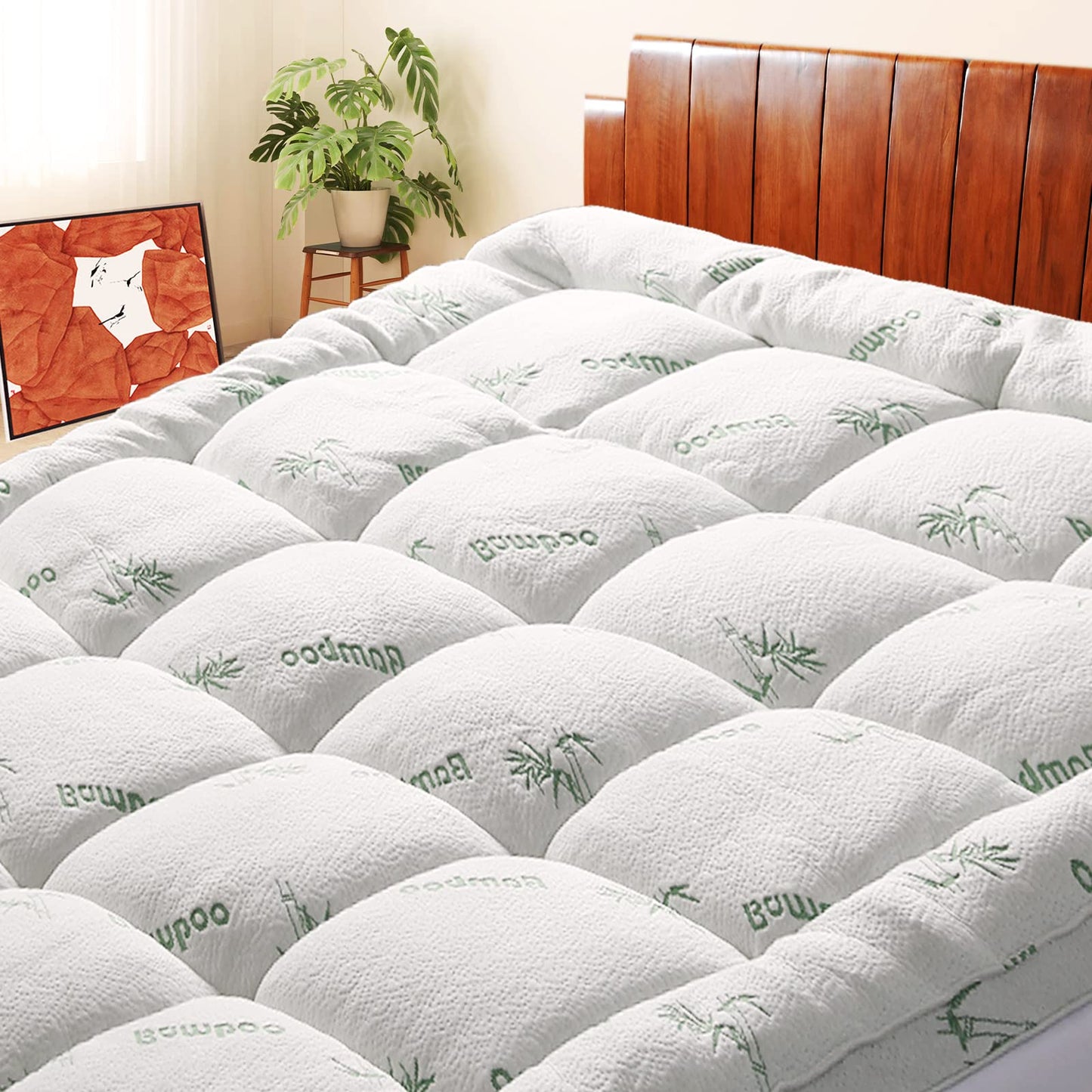 SakuraHome Bamboo Mattress Topper Queen Size, Cooling Extra Thick Breathable Mattress pad, Soft Quilted Fitted Mattress Cover with 5D Snow Down Alternative Fill (8-21”Deep Pocket) 60"x80"