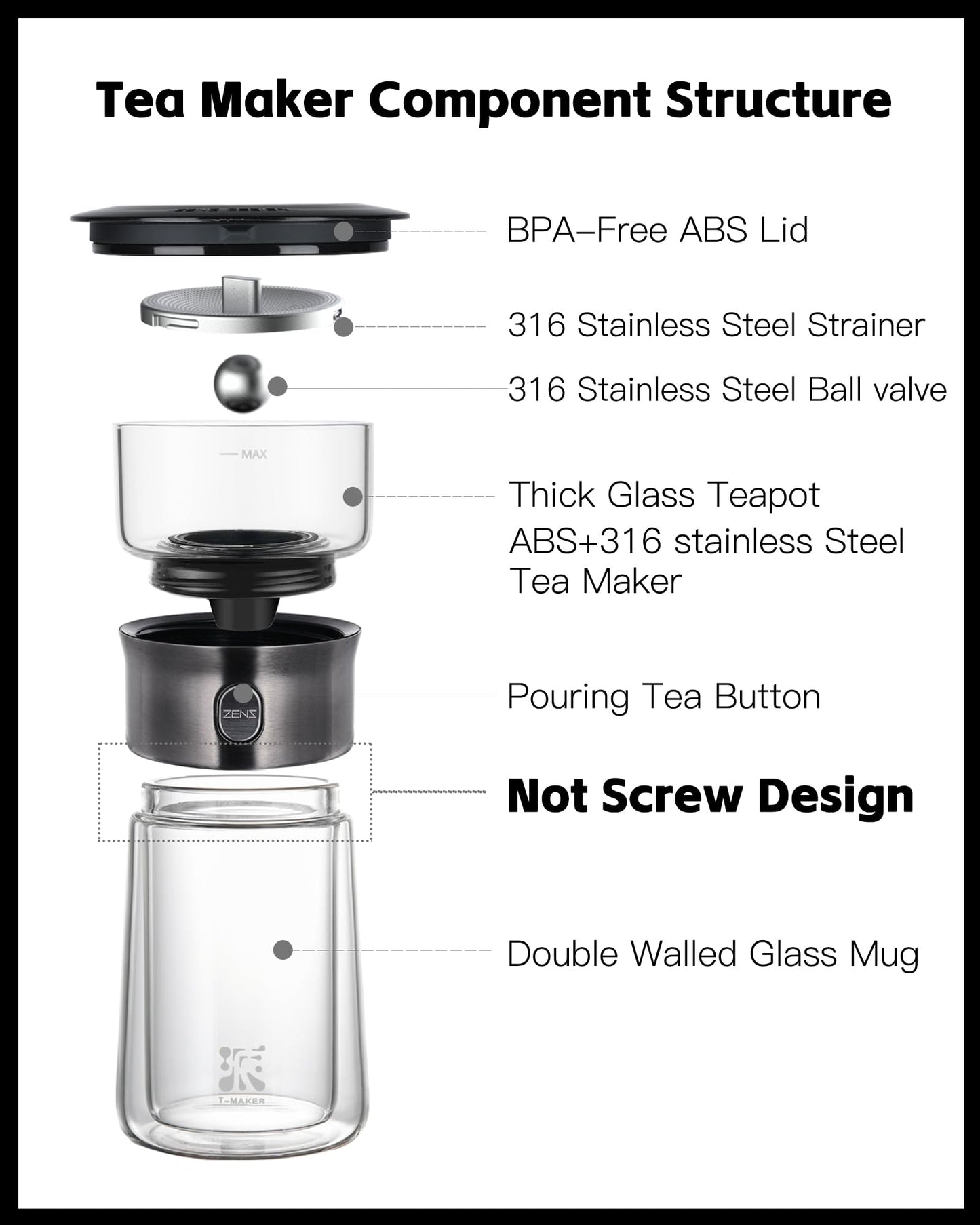 ZENS Modern Glass Tea Infuser Teapot, Smart One Touch Tea Maker for Loose Tea Diffusers with Insulated Mug and Portable Tea Kits, Cool Gongfu Tea Pot for Black Tea Lover Gifts