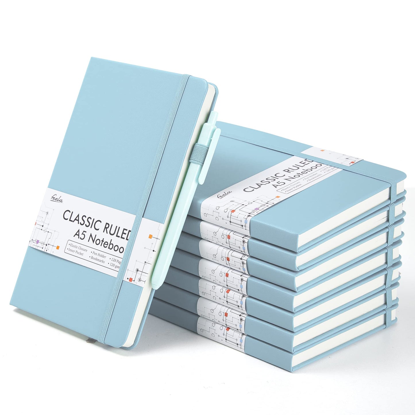 feela 8 Pack Journal Notebook Bulk for School, Hardcover Business Notebooks Classic Ruled Lined Journals with Pen Holder for Work Note Taking, with 8 Black Pens, 120 GSM, 5.1”x8.3”, A5, Light Blue