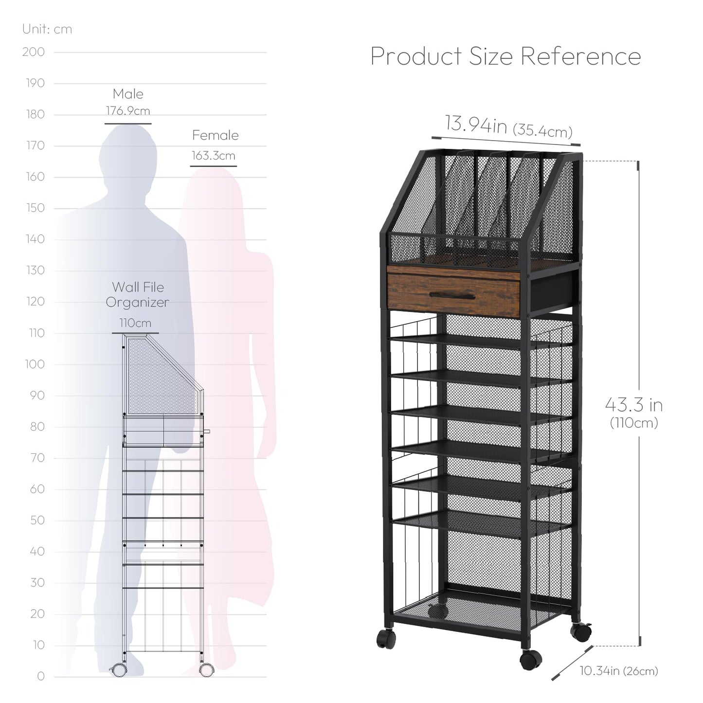 SWTYMIKI Rolling Cart Storage Organizer - 9-Tier Utility Cart with Drawer and Trays, Wood Office Desk Organizer, Office Organization and Binder Storage for Workspace, Home, School, Espresso