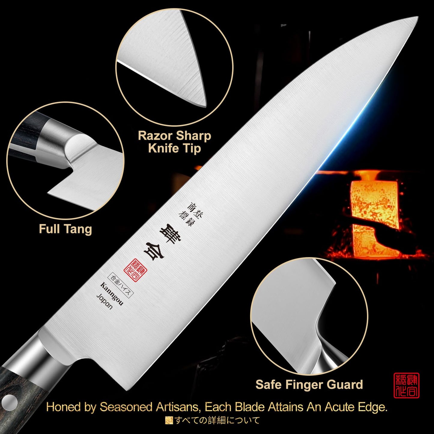 Kanngou 8.27 Inch Gyuto Chef Knife, AUS-8 Steel Chefs Knife with Full-Tang Black Pakkawood, Japanese Kitchen Knife with Premium Gift Box
