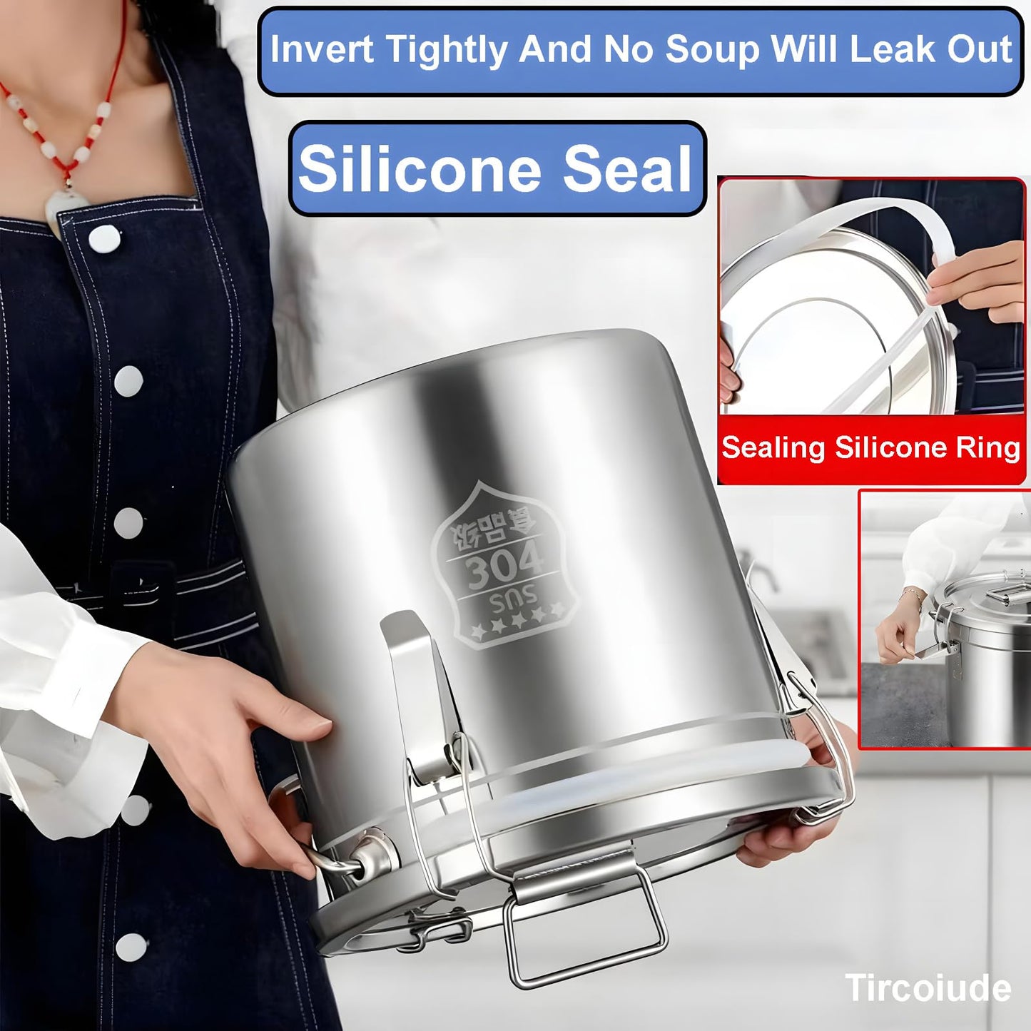 Tircoiude 304 Stainless Steel Kitchen Canisters, Flour Storage Container with Lid Locking Clamp Metal Food Airtight Canister for Kitchen Bean Oil Cereal Stainless Steel Bucket(Handheld)6L/1.5gal