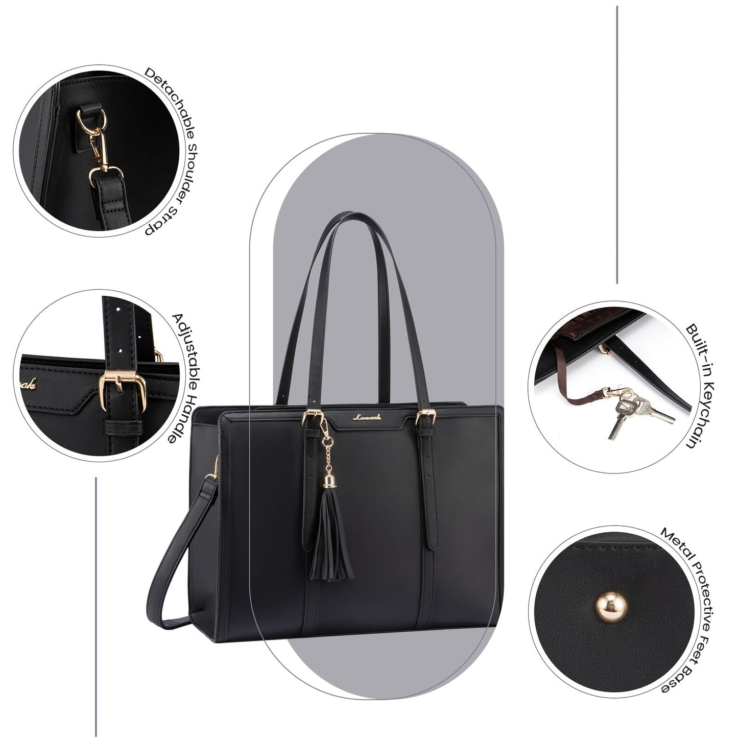 LOVEVOOK Laptop Bag for Women 15.6 inch Waterproof Leather Laptop Tote Bag with Clutch Purse,Large Capacity Laptop Purse for Work,Office,Business,Travel,College,Casual(Black)