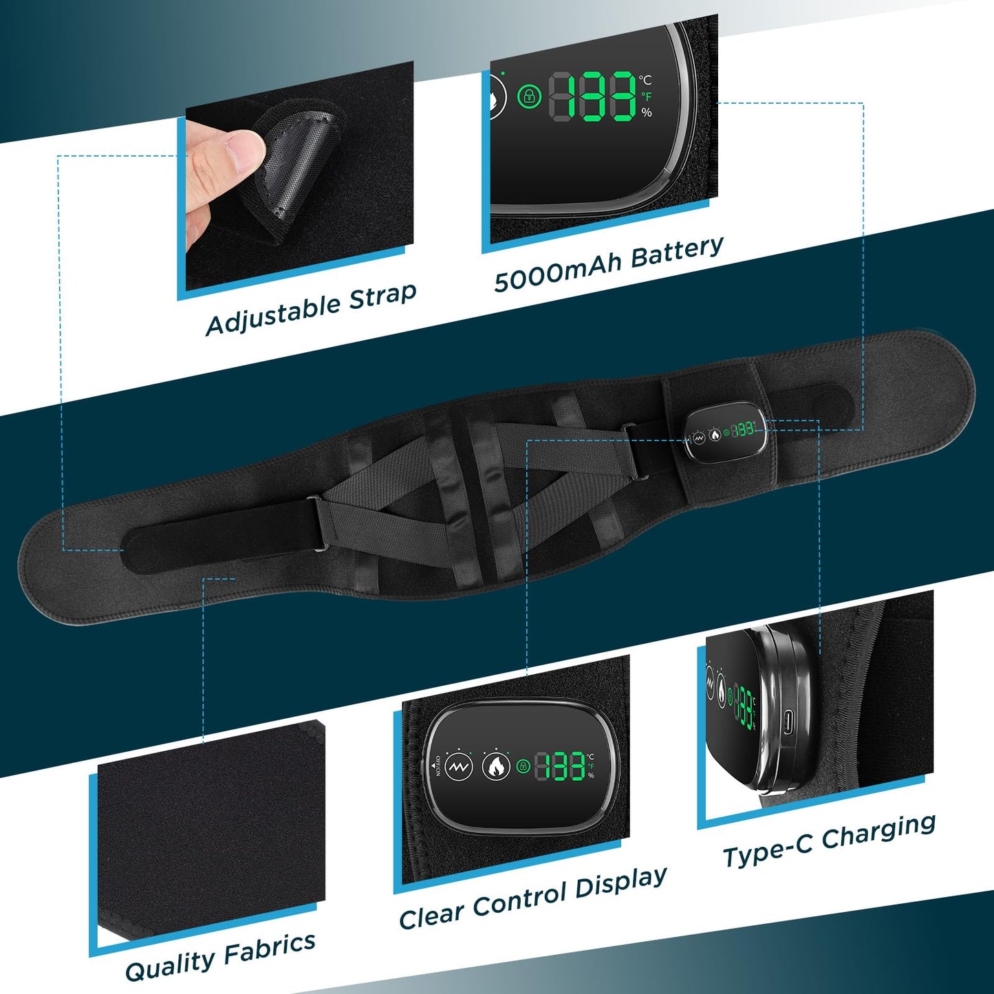 Cordless Heating Pad with Vibration for Back, Lower Back Warmer for Waist Back Belly Leg Body, Rechargeable Heated Waist Belt, 5 Heating Levels, Auto-Off