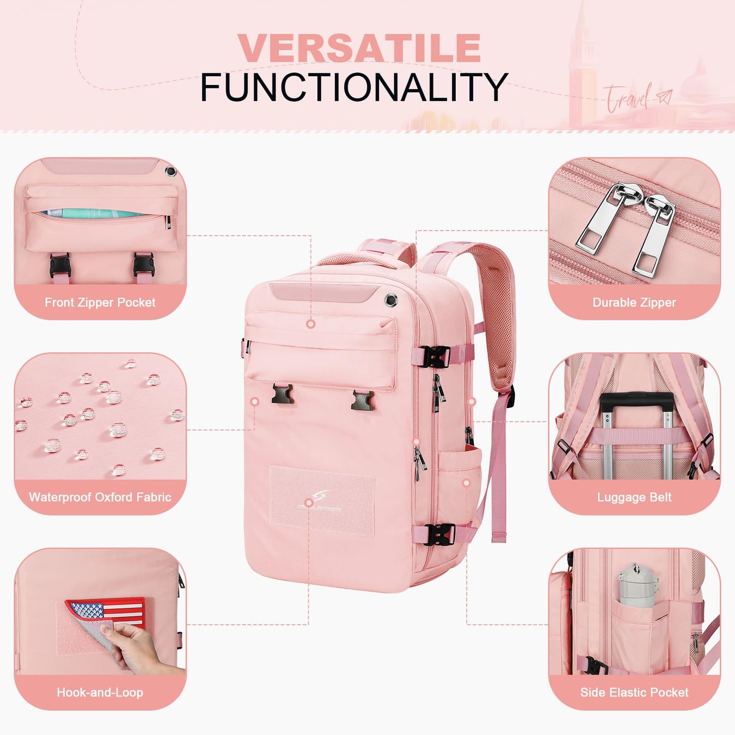 Maelstrom Travel Backpack for Women Men, 25/35L Laptop, Carry On Backpack with Crossbody, Shoe & Toiletry Bag (pink, 15.6inch)