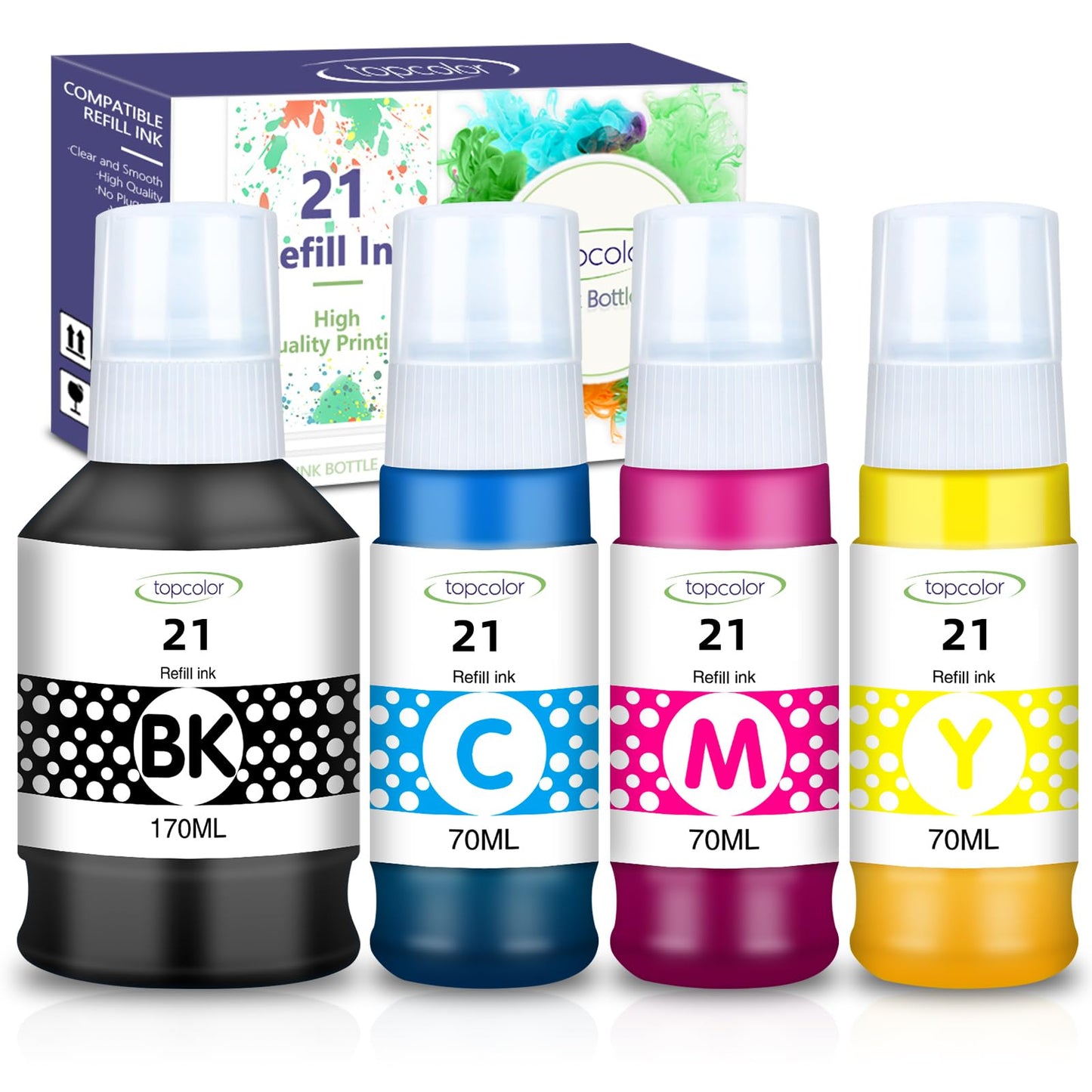 Topcolor g21 Compatible GI-21 Ink Bottles Replacement for Canon GI-21 GI21 Ink Refills Kit, Compatible for Canon Pixma G3270 G3260 G2260 G1220 MegaTank(Supertank) Printer Ink (BK 170ml, CMY 70ml)