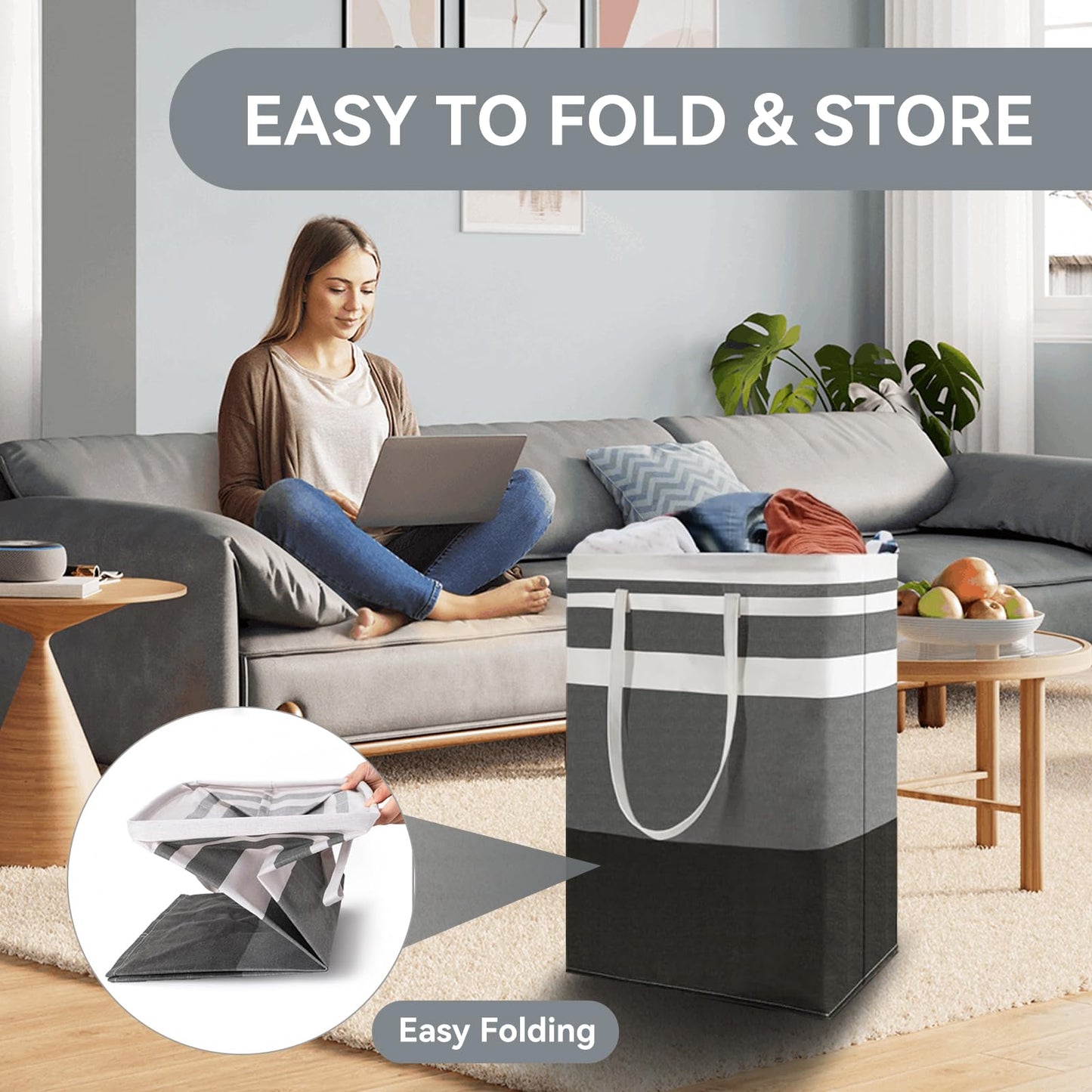 Valueest 80L Large Laundry Basket (3-Pack) – Collapsible, Freestanding Clothes Hamper with Handles – Waterproof Storage Organizer for Laundry, Toys & Clothes – Space-Saving Gradient Gray