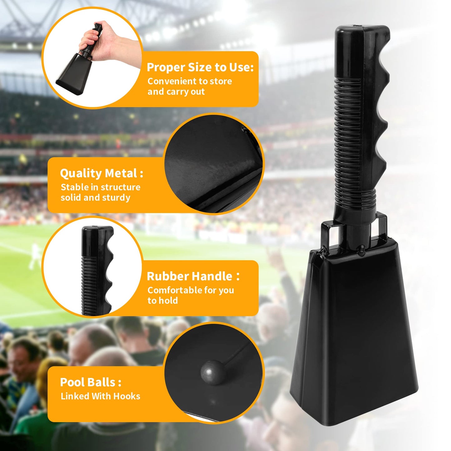 KEJJNYER 6 Pack Cow Bell with Handle Cowbells, 9 inch Noise Maker Cowbell, Black Cheering Bell Sporting Cowbells for Sporting Events