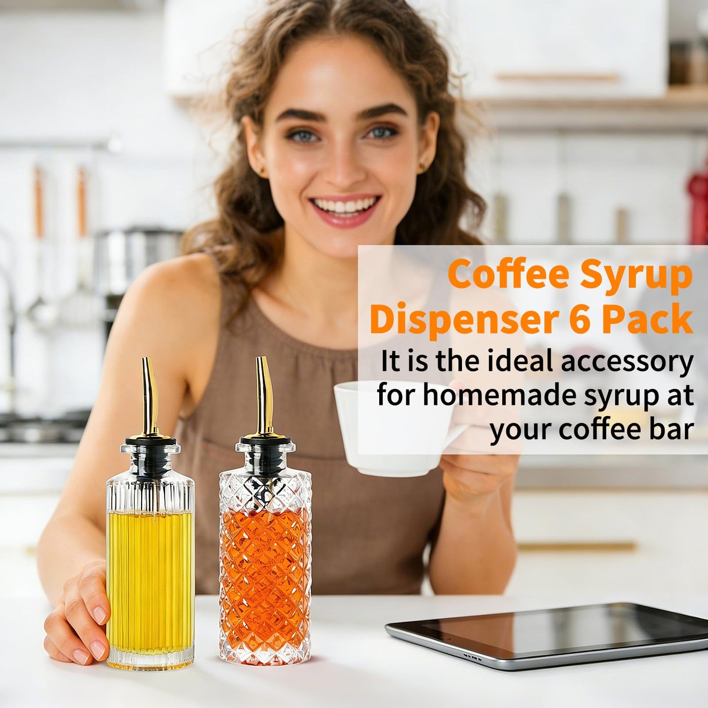 INFTYLE Coffee Syrup Dispenser Olive Oil and Vinegar Glass Bottle Set of 6 Ideal for Kitchen, Coffee Bar, Clear Simple Small Syrup Bottles, with Leak-Proof Lids, Pour Spout, Glass Stopper