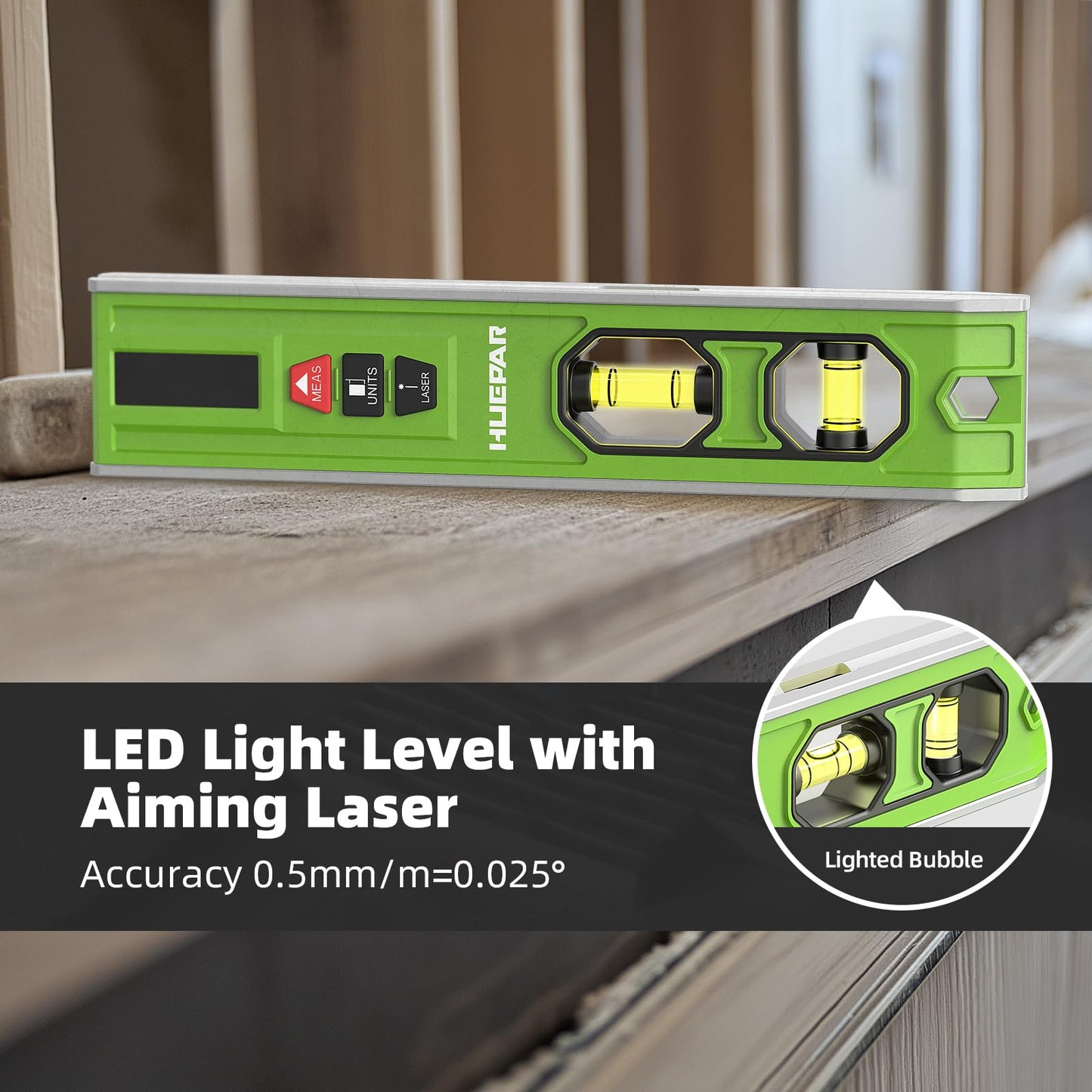 Huepar Rechargeable 3-in-1 Laser Leveling Tool with Light, Bubble Level and 66Ft Laser Distance Measure, 10 Inch Torpedo Level, Magnetic Spirit Level for Construction or Home Renovation