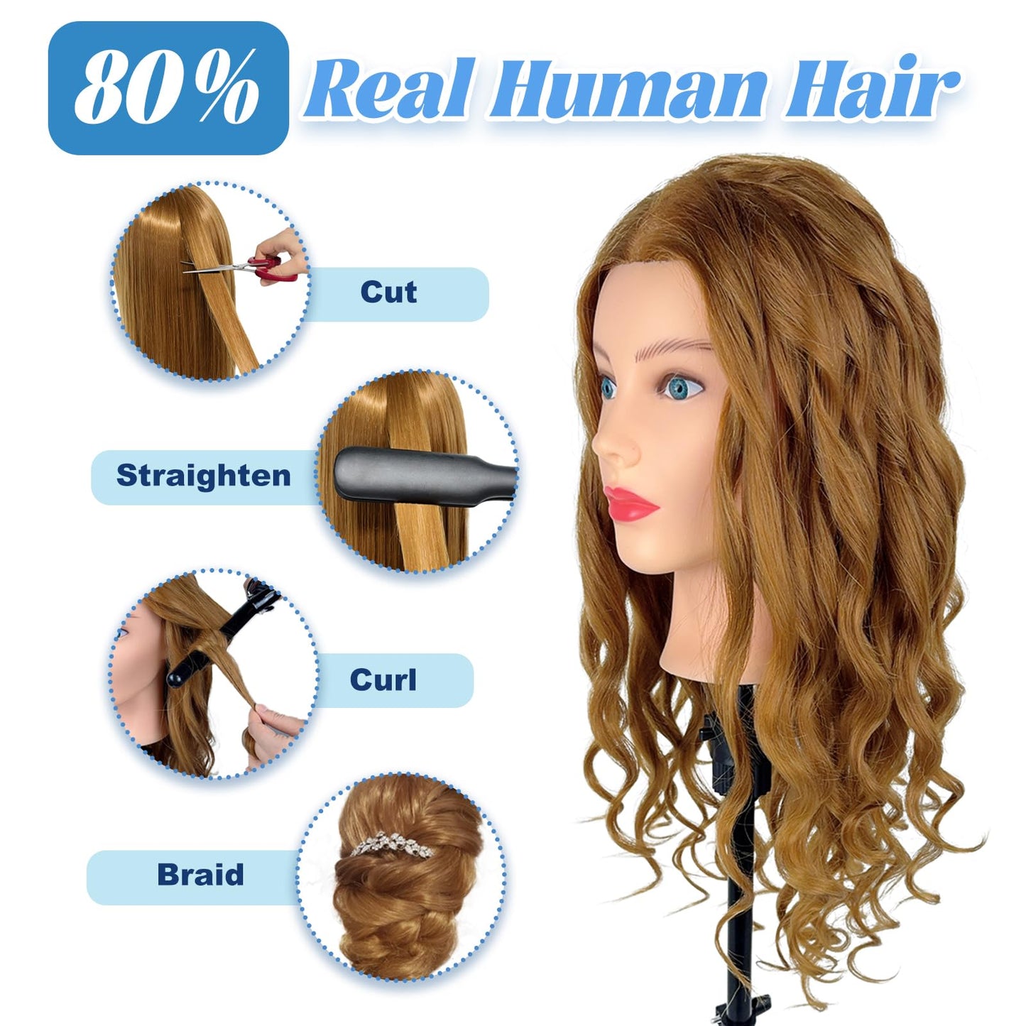 Firstwon Mannequin Head Human Hair- Cosmetology Manikin Doll Head with 80% Real Hair for Hairdresser Practice Styling Braiding & Free Clamp Holder (Color #27）