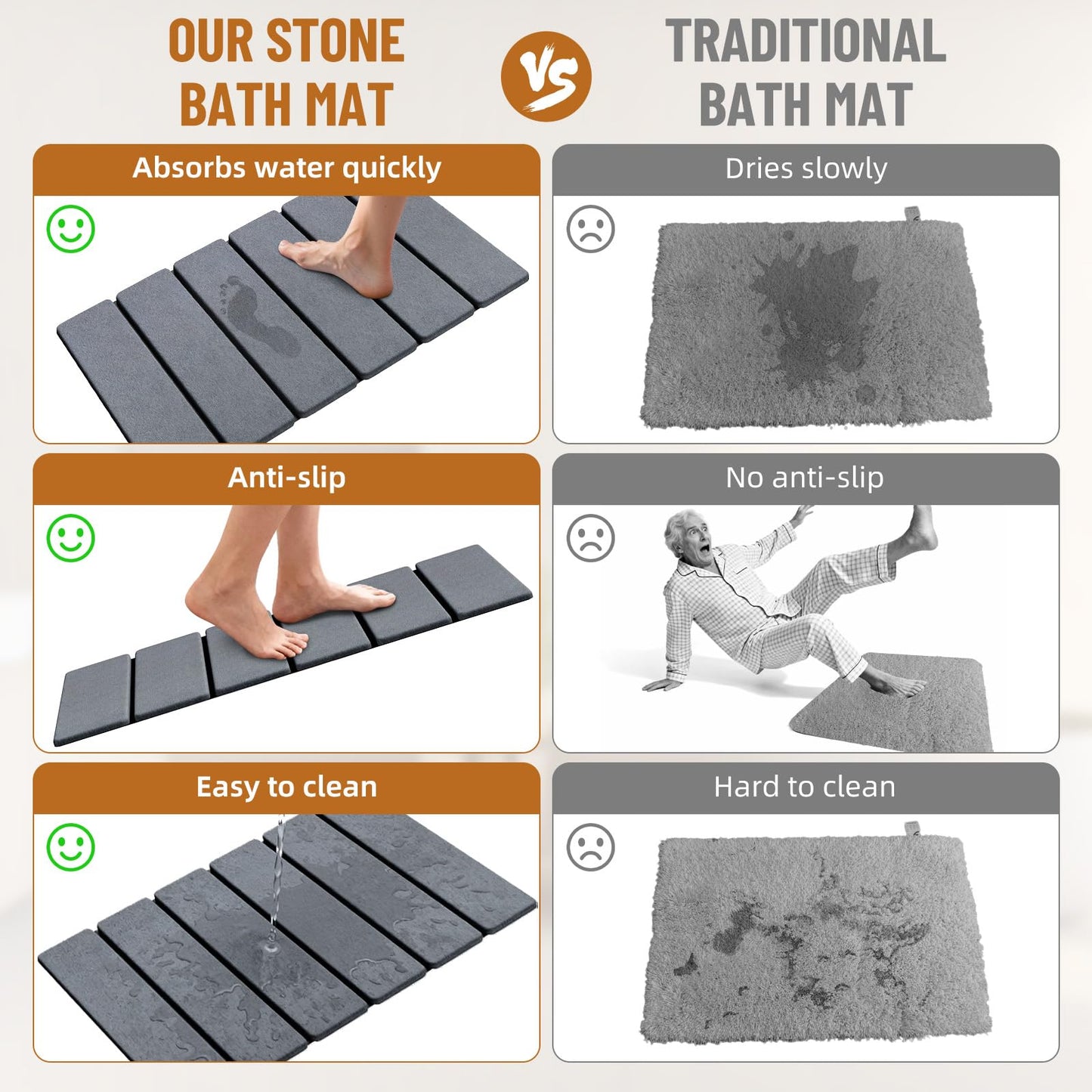 Luxspire Stone Bath Mat Foldable, Quick Drying Diatomaceous Earth Bath Mat for Bathroom, Large Bathroom Rug with Non-Slip Rubber Base, Easy Clean Shower Mat Outside Shower, 24 x 16 inch, Dark Gray