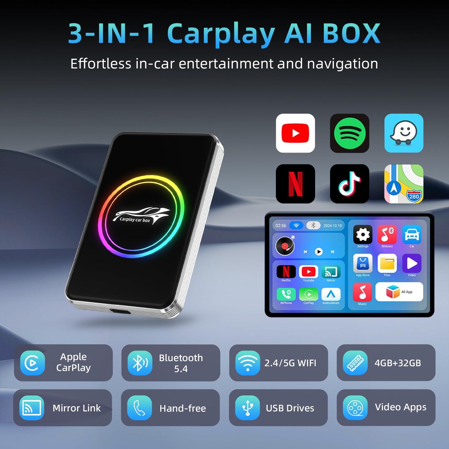 3-in-1 Wireless CarPlay Adapter，AI Magic Box Support Netflix/YouTube/TikTok, Plug & Play, 4GB+32GB ROM, Android 13 System, WIFI6 & Bluetooth 5.4, Fit with iPhone 6+/iOS10+/Android 11+