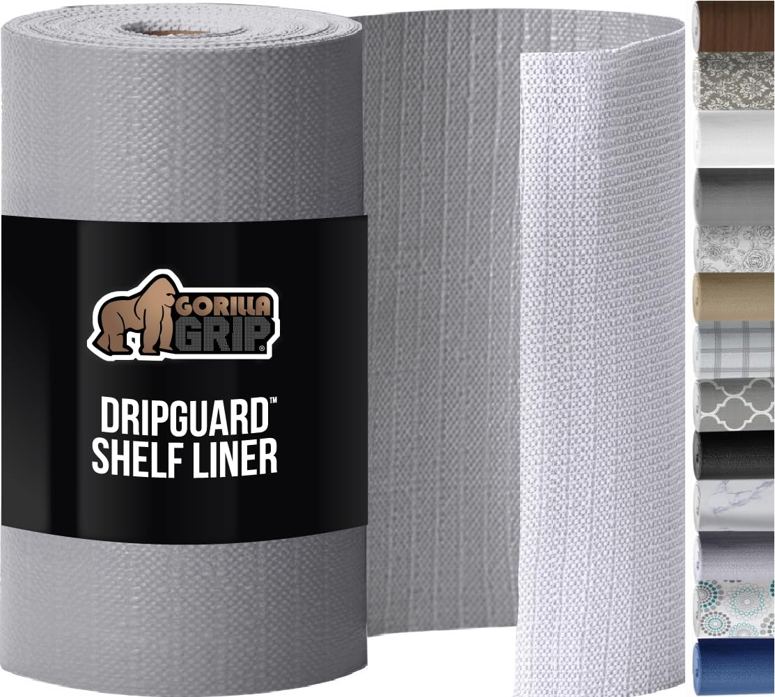 GORILLA GRIP DripGuard Drawer and Shelf Liner for Cabinet, Slip Resistant Non Adhesive Protection for Kitchen, BPA Free Smooth Surface Plastic Liners for Cabinets, Bathroom Drawers, 20x20, Gray